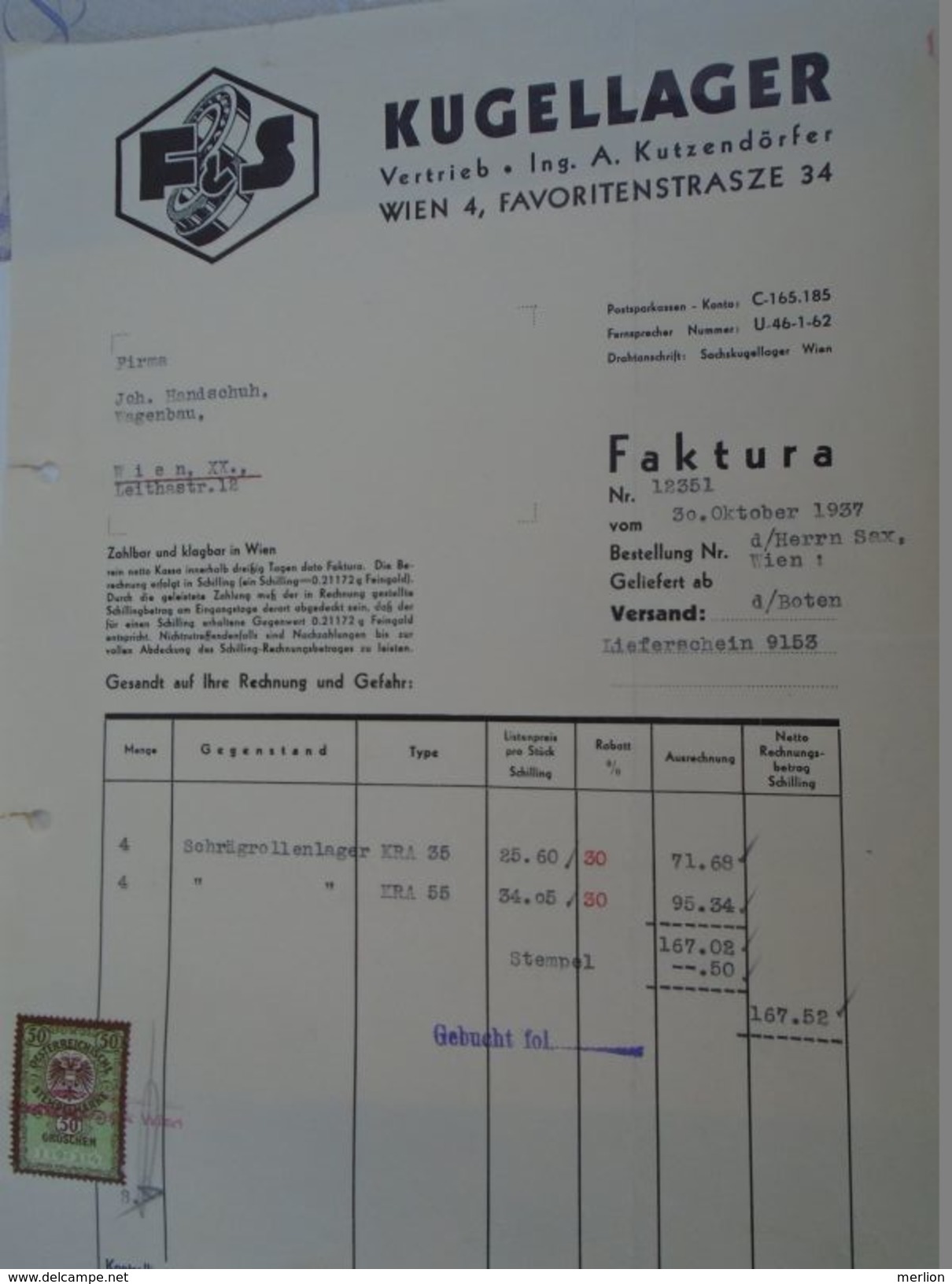 AD036.19 Old Invoice Austria -Wien - F&S Kugellager Wien Faktura  1937  Tax Stamp - Austria