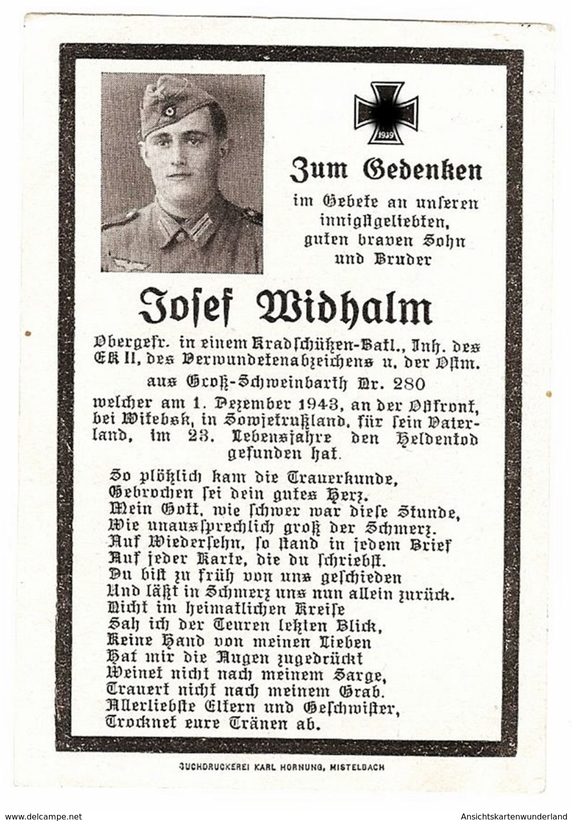 Sterbebild Josef Widhalm Obergefreiter Kradschützenbataillon EK II 1943 Sowjetrußland ( 001203 ) - Sonstige & Ohne Zuordnung