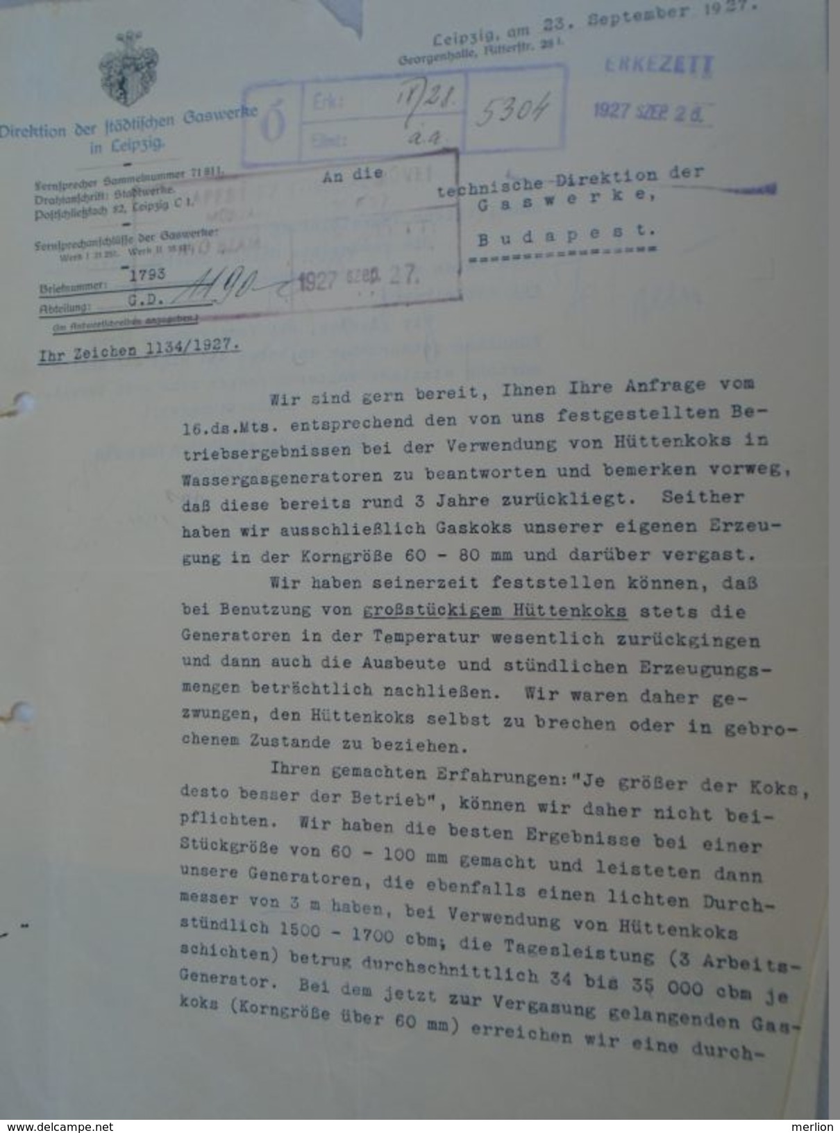 AD036.23 Old Letter   LEIPZIG  St. GASWERKE  -1927 -Gaswerke Budapest - Électricité & Gaz