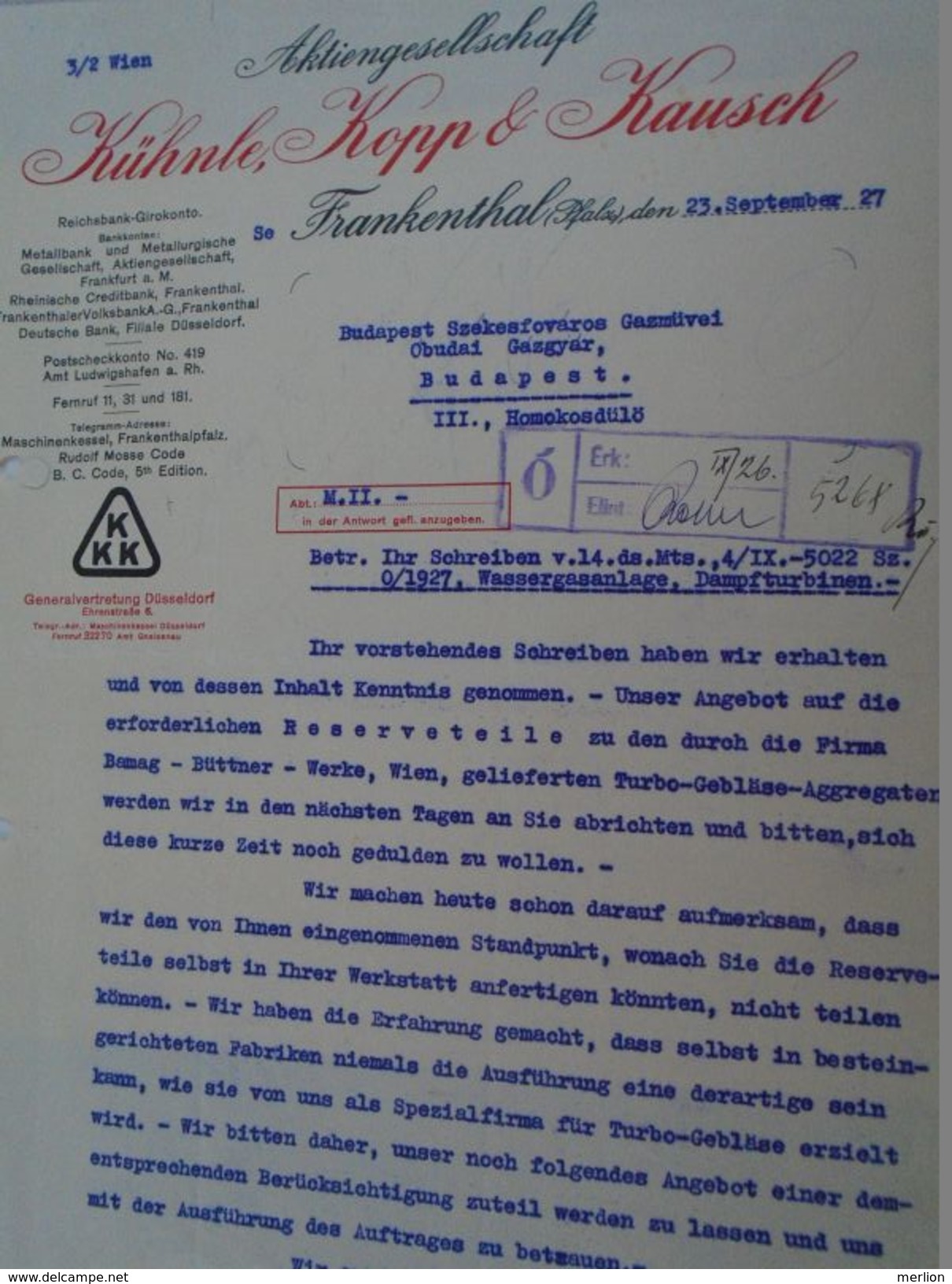 AD036.25 Old Letter  Germany FRANKENTHAL (Pfalz) KÜHNLE ,KPOO & KAUSCH - 1927 -Gaswerke Gazgyar Obuda  Budapest - Elektriciteit En Gas