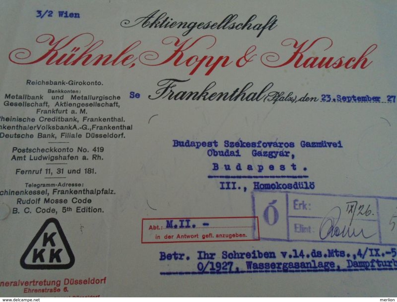 AD036.25 Old Letter  Germany FRANKENTHAL (Pfalz) KÜHNLE ,KPOO & KAUSCH - 1927 -Gaswerke Gazgyar Obuda  Budapest - Electricity & Gas