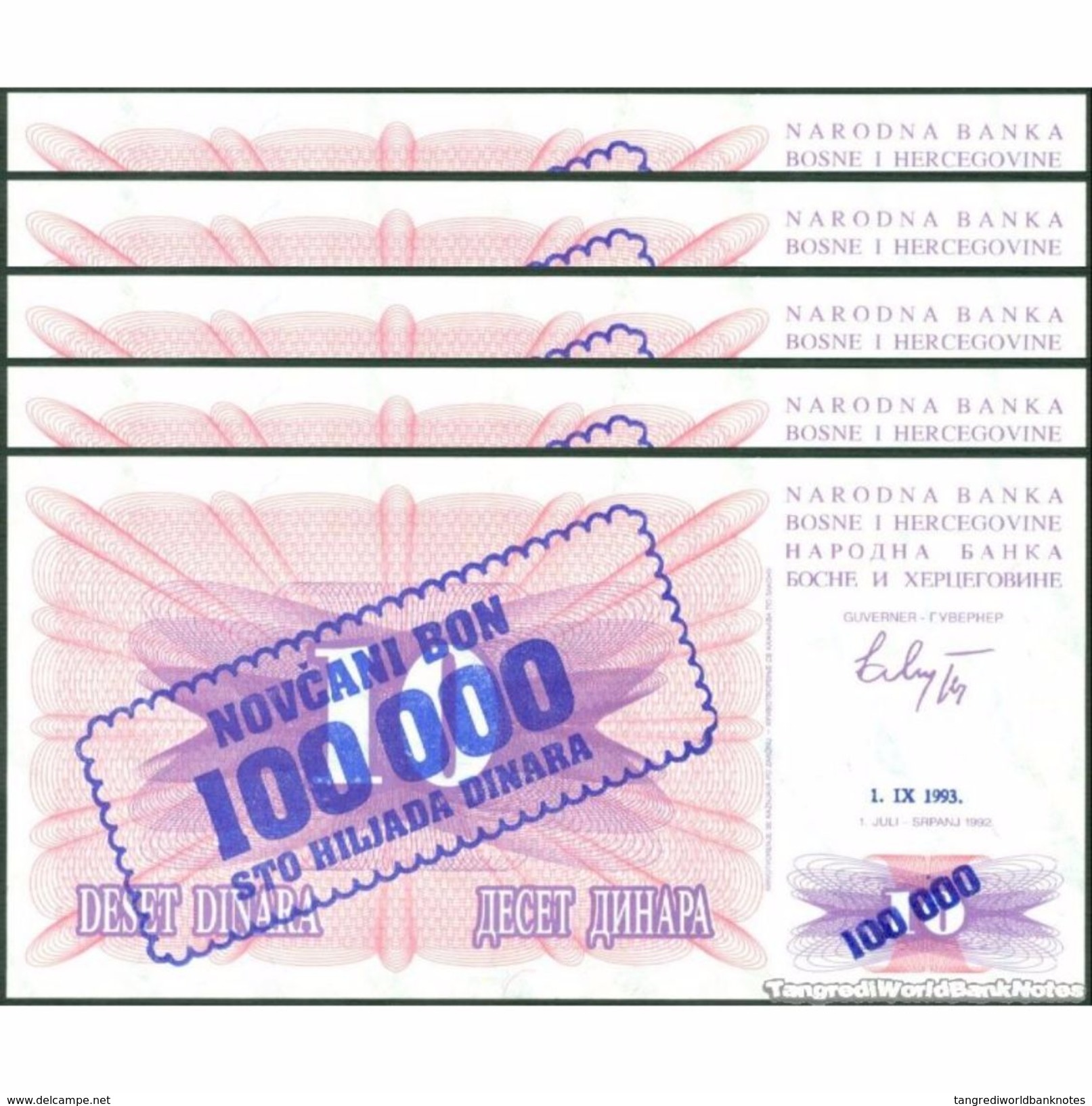 TWN - BOSNIA-HERZEGOVINA 34a - 100000 100.000 Dinara 1.9.1993 DEALERS LOT X 5 - Various Prefixes UNC - Bosnia Y Herzegovina