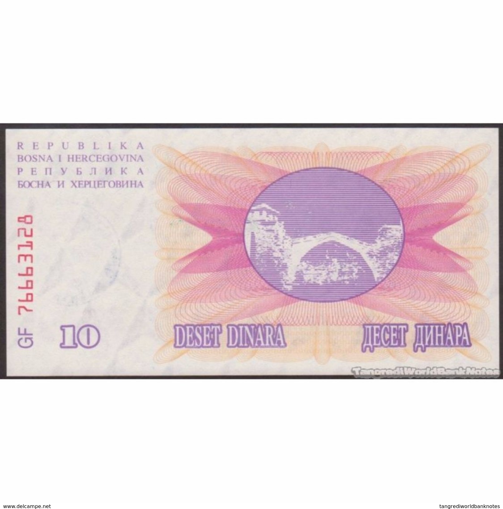 TWN - BOSNIA-HERZEGOVINA 53c - 10.000 Dinara 1993 (1992) Handstamp Date 24.12.1993 - TRAVNIK - Tall Green Zeroes UNC - Bosnia Erzegovina