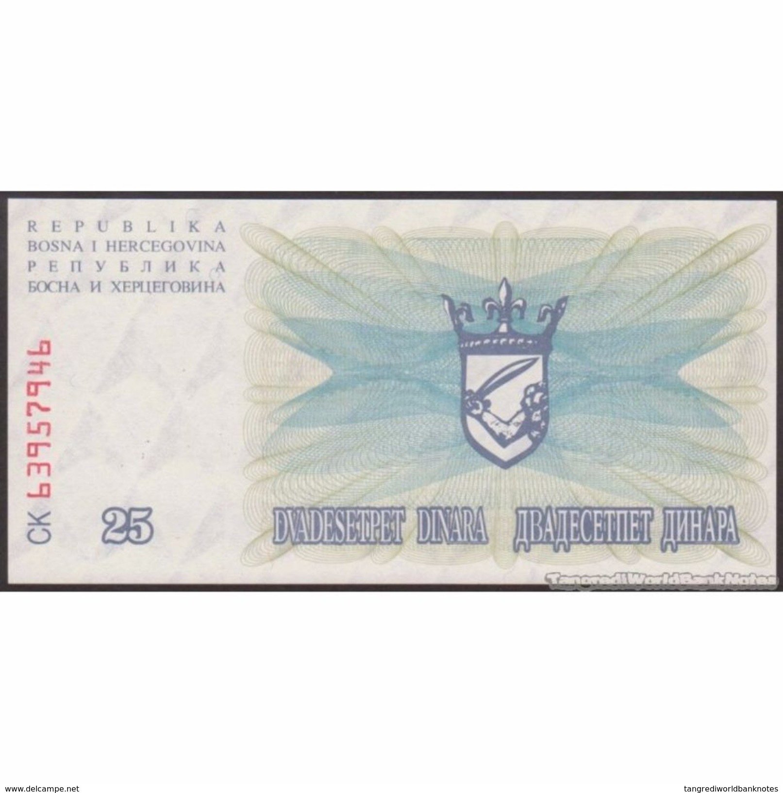 TWN - BOSNIA-HERZEGOVINA 54d - 25.000 Dinara 1993 (1992) Handstamp Date 24.12.1993 - TRAVNIK - Tall Red Zeroes UNC - Bosnia And Herzegovina