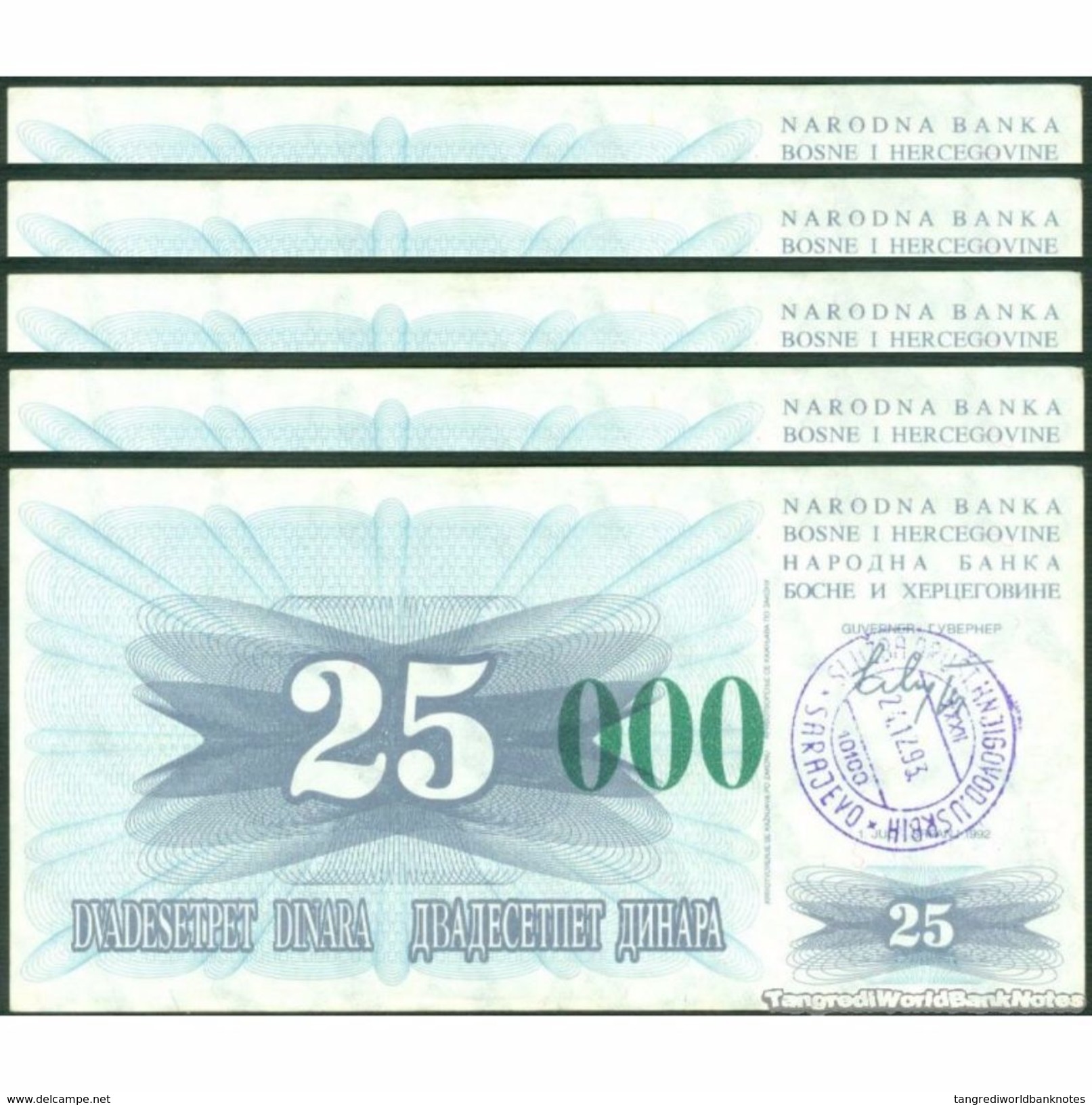 TWN - BOSNIA-HERZEGOVINA 54g - 25.000 Dinara 1993 (1992) DEALERS LOT X 5 - SARAJEVO - Tall Green Zeroes AU - Bosnia Erzegovina