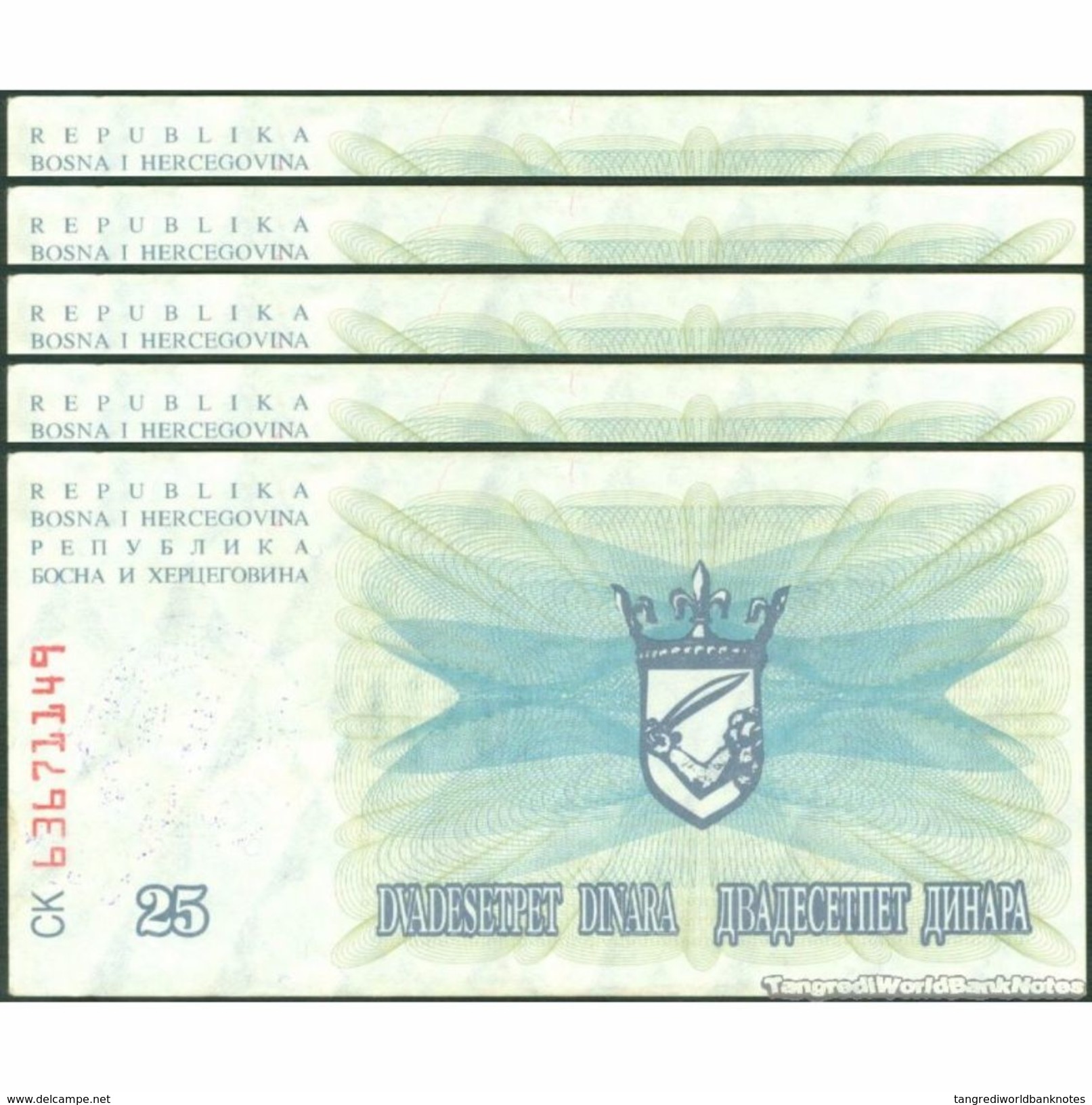 TWN - BOSNIA-HERZEGOVINA 54g - 25.000 Dinara 1993 (1992) DEALERS LOT X 5 - SARAJEVO - Tall Green Zeroes AU - Bosnie-Herzegovine