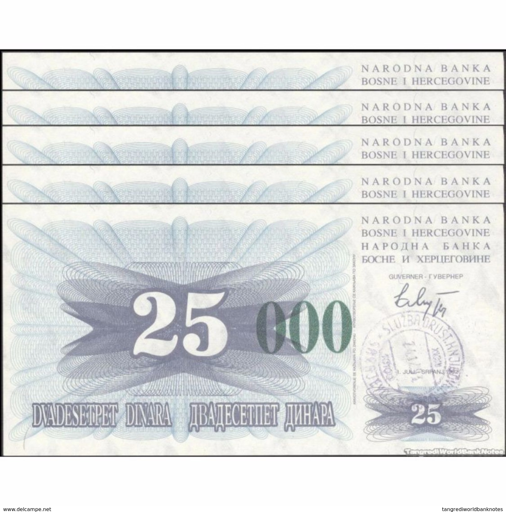 TWN - BOSNIA-HERZEGOVINA 54g - 25.000 Dinara 1993 (1992) DEALERS LOT X 5 - SARAJEVO - Tall Green Zeroes UNC - Bosnia Y Herzegovina