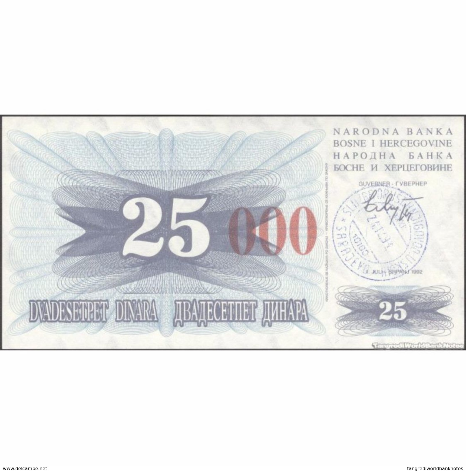 TWN - BOSNIA-HERZEGOVINA 54h - 25.000 Dinara 1993 (1992) Handstamp Date 24.12.1993 - SARAJEVO - Tall Red Zeroes UNC - Bosnië En Herzegovina