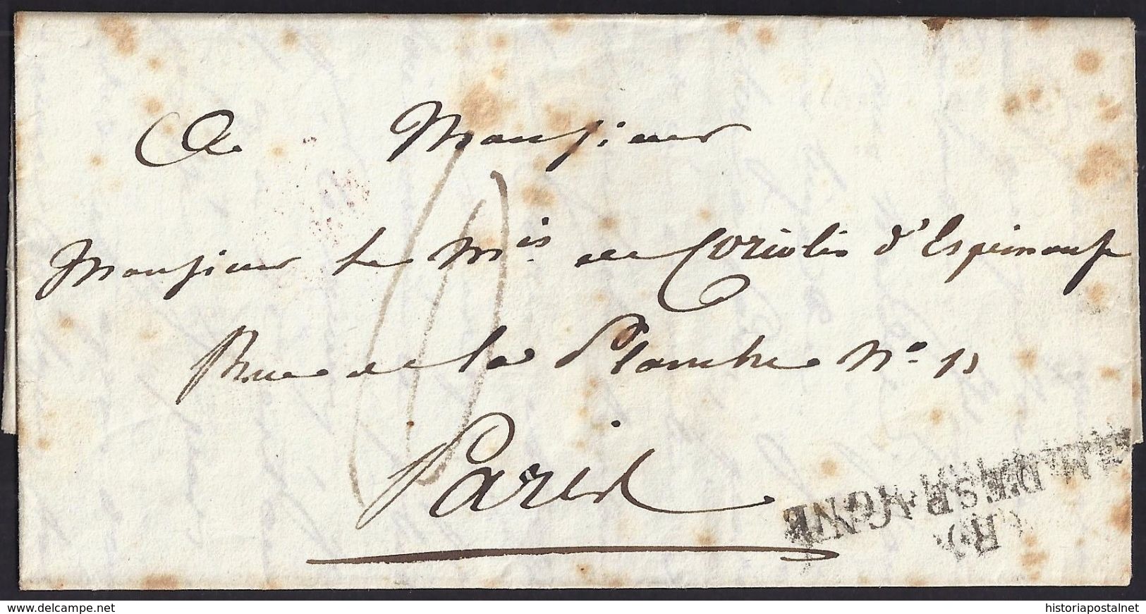 EXPEDITION D'ESPAGNE. 1826. PUERTO REAL POUR PARIS. MARQUE POSTALE &ldquo;(R) ARM. D'ESPAGNE". - Bolli Militari (ante 1900)