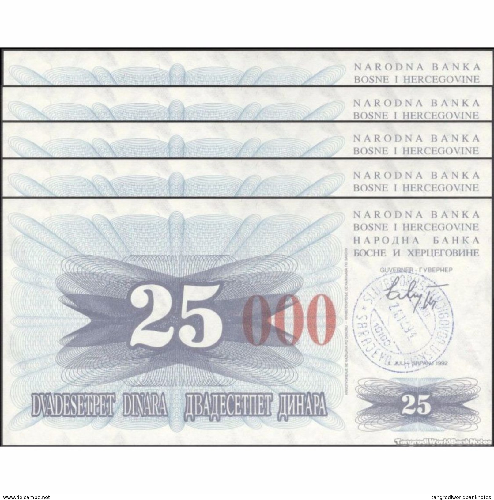 TWN - BOSNIA-HERZEGOVINA 54h - 25.000 Dinara 1993 (1992) DEALERS LOT X 5 - SARAJEVO - Tall Red Zeroes UNC - Bosnia Erzegovina