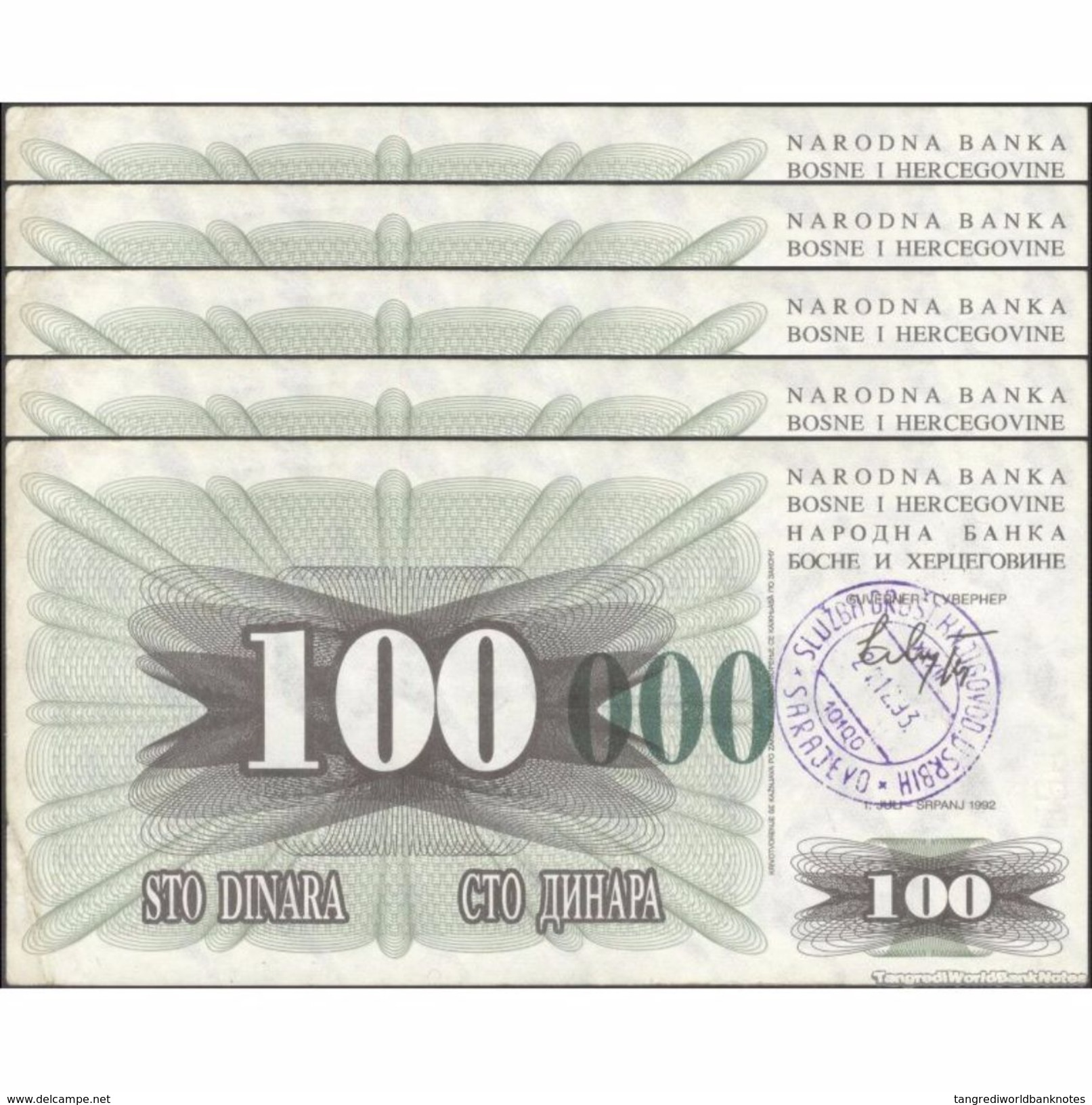 TWN - BOSNIA-HERZEGOVINA 56i - 100.000 Dinara 1993 (1992) DEALERS LOT X 5 - SARAJEVO - Tall Green Zeroes VF - Bosnia Erzegovina