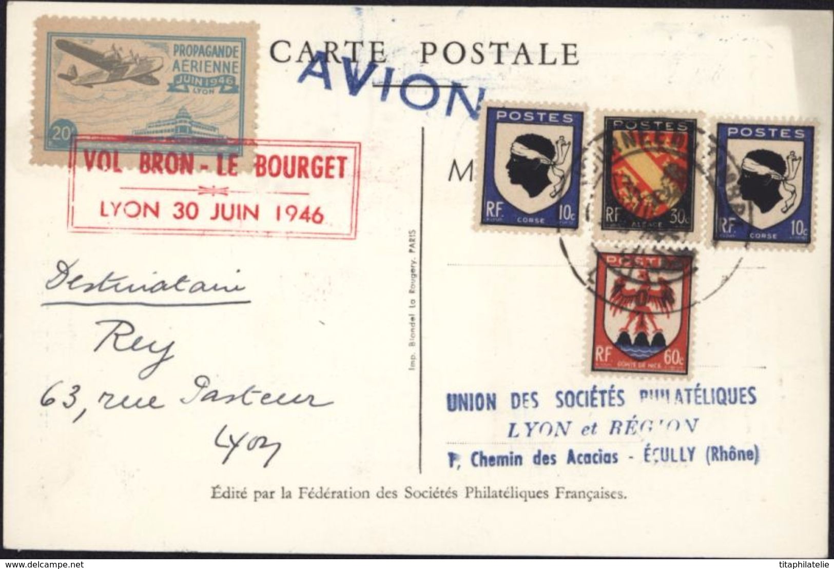 Carte Journée Du Timbre Lyon 1946 YT 754 Vignette Propagande Aérienne Vol Bron Le Bourget CP Fouquet De La Varane - 1960-.... Briefe & Dokumente