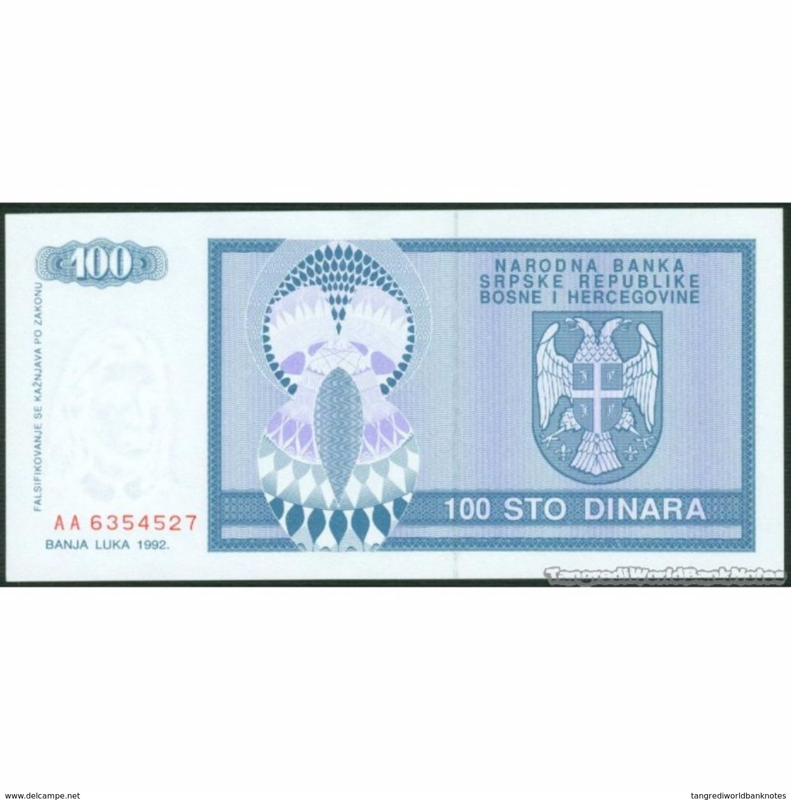 TWN - BOSNIA-HERZEGOVINA 135a - 100 Dinara 1992 Prefix AA UNC - Bosnia Erzegovina