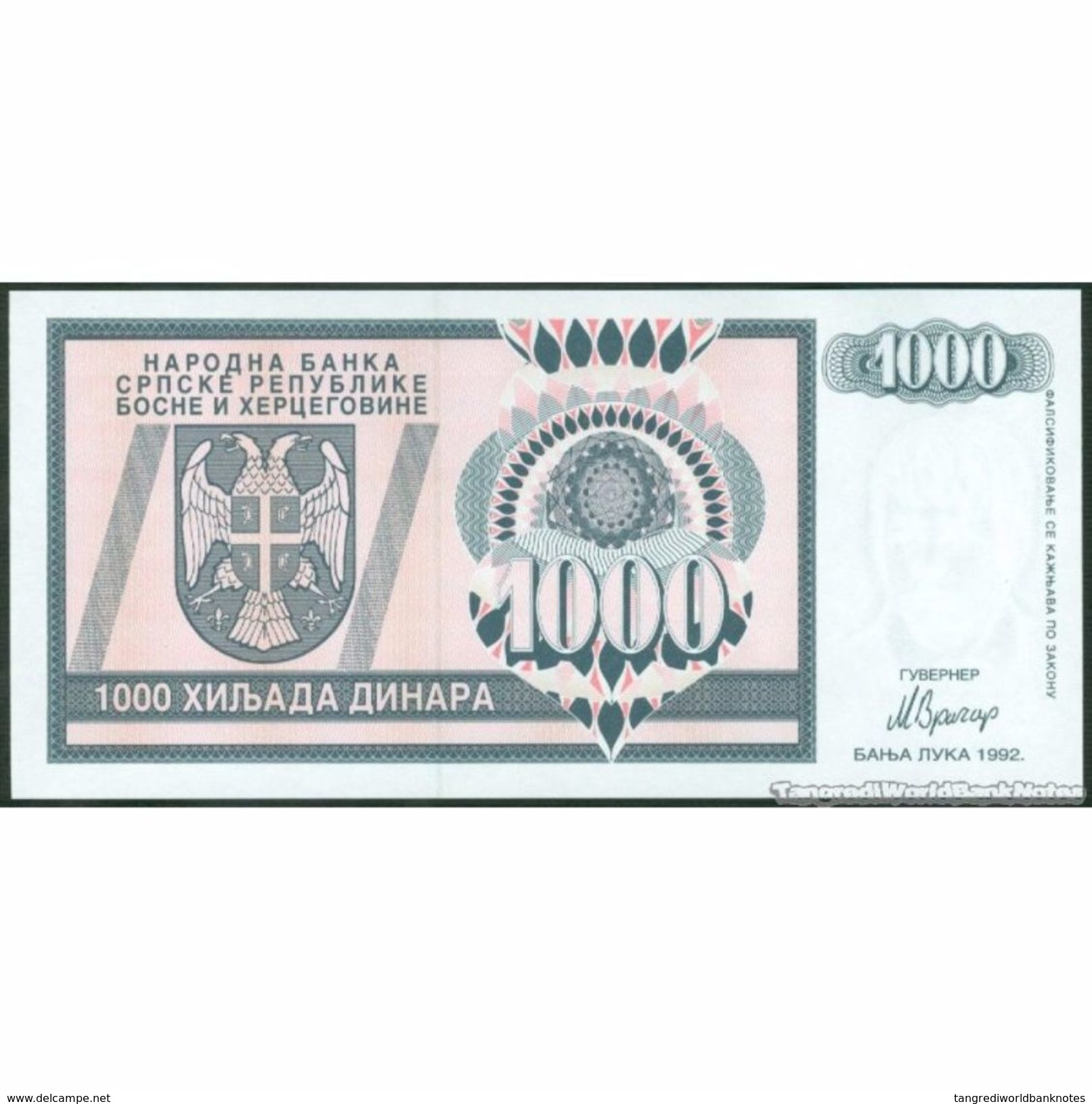TWN - BOSNIA-HERZEGOVINA 137a - 1000 1.000 Dinara 1992 Prefix AA UNC - Bosnia Erzegovina
