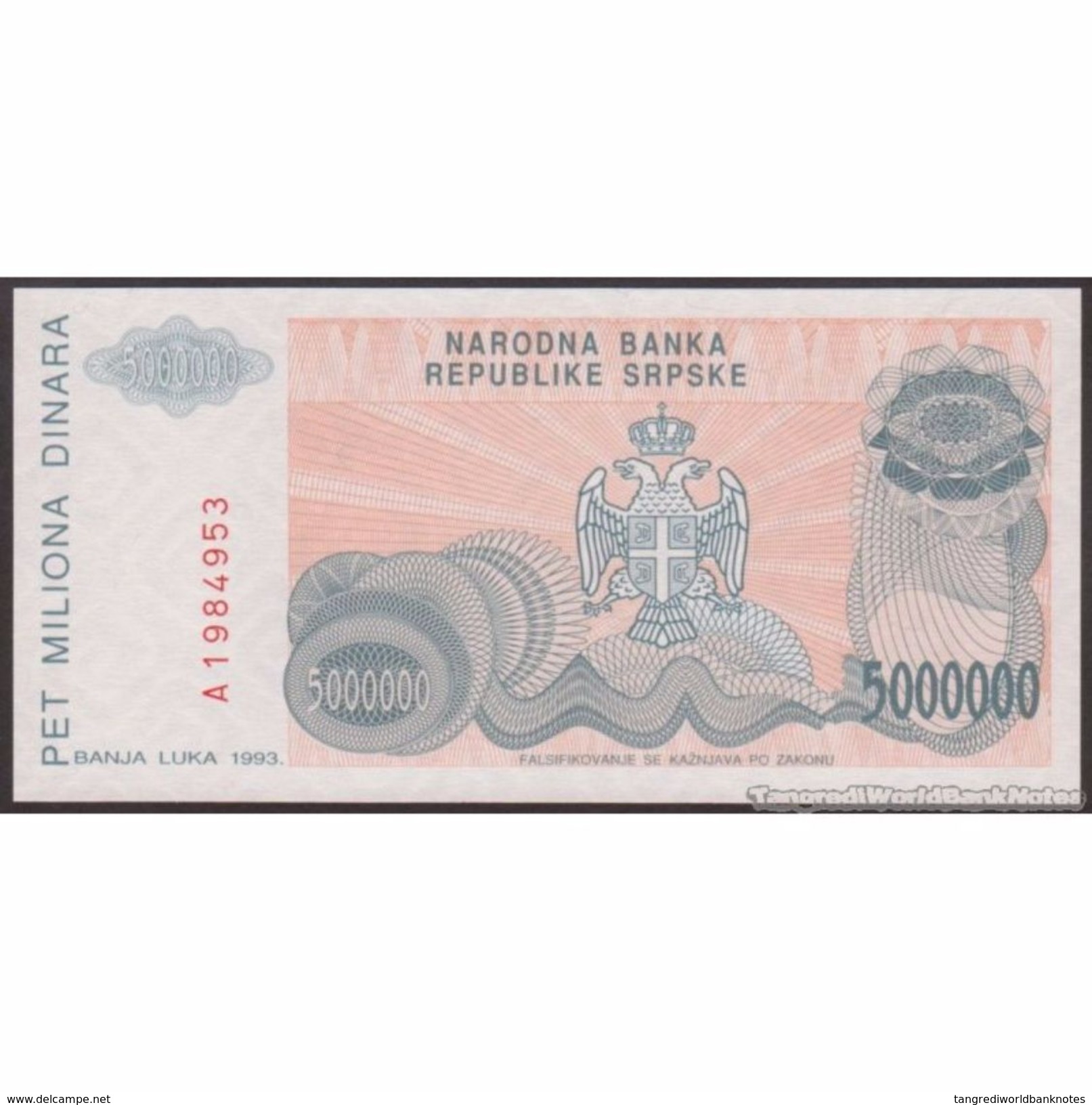 TWN - BOSNIA-HERZEGOVINA 156a - 5000000 5.000.000 Dinara 1993 Prefix A UNC - Bosnia Erzegovina