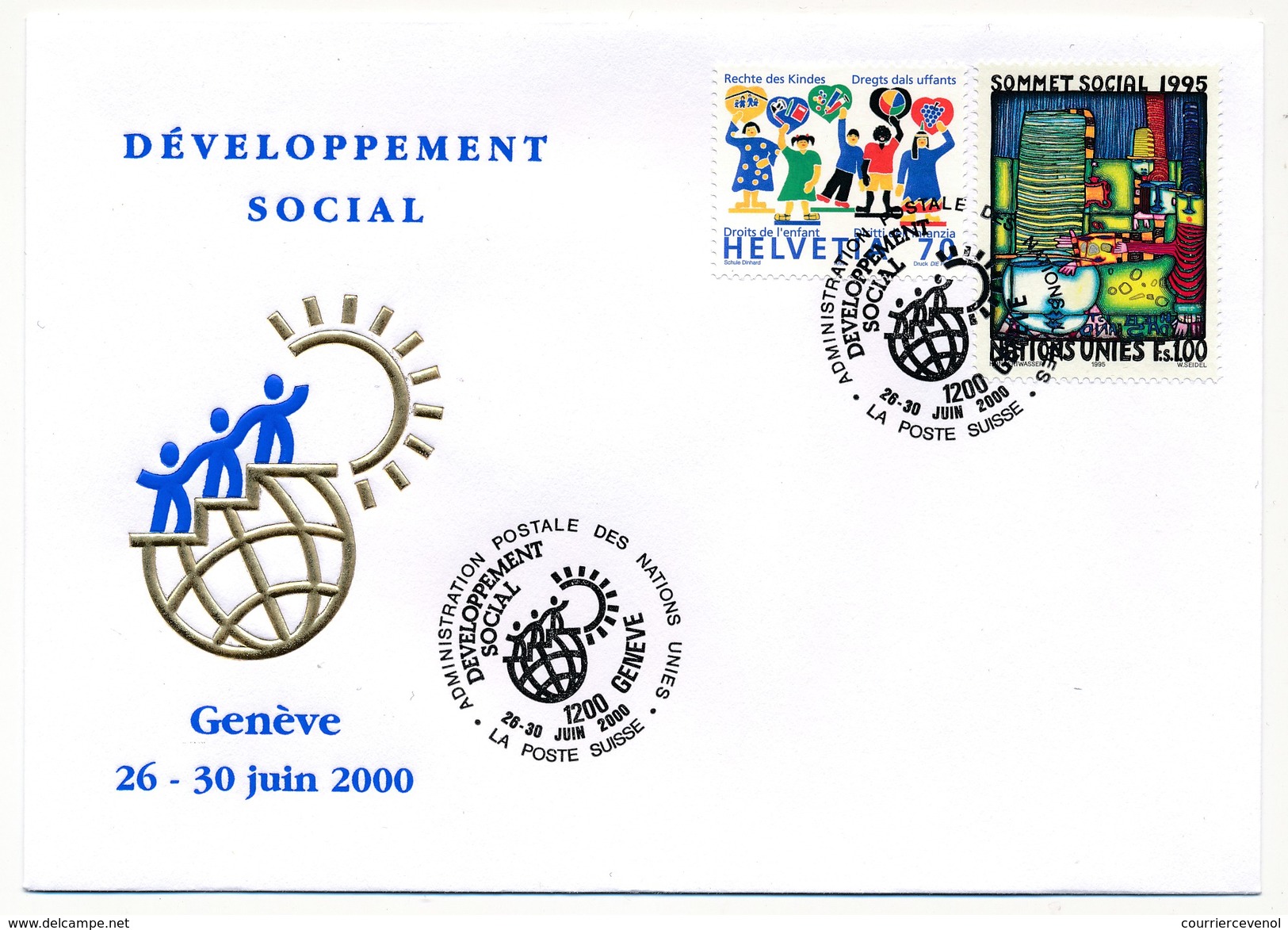 SUISSE / NATIONS UNIES - 1 Enveloppe FDC - Développement Social (Droits Enfants - Sommet Social) - GENEVE Juin 2000 - FDC