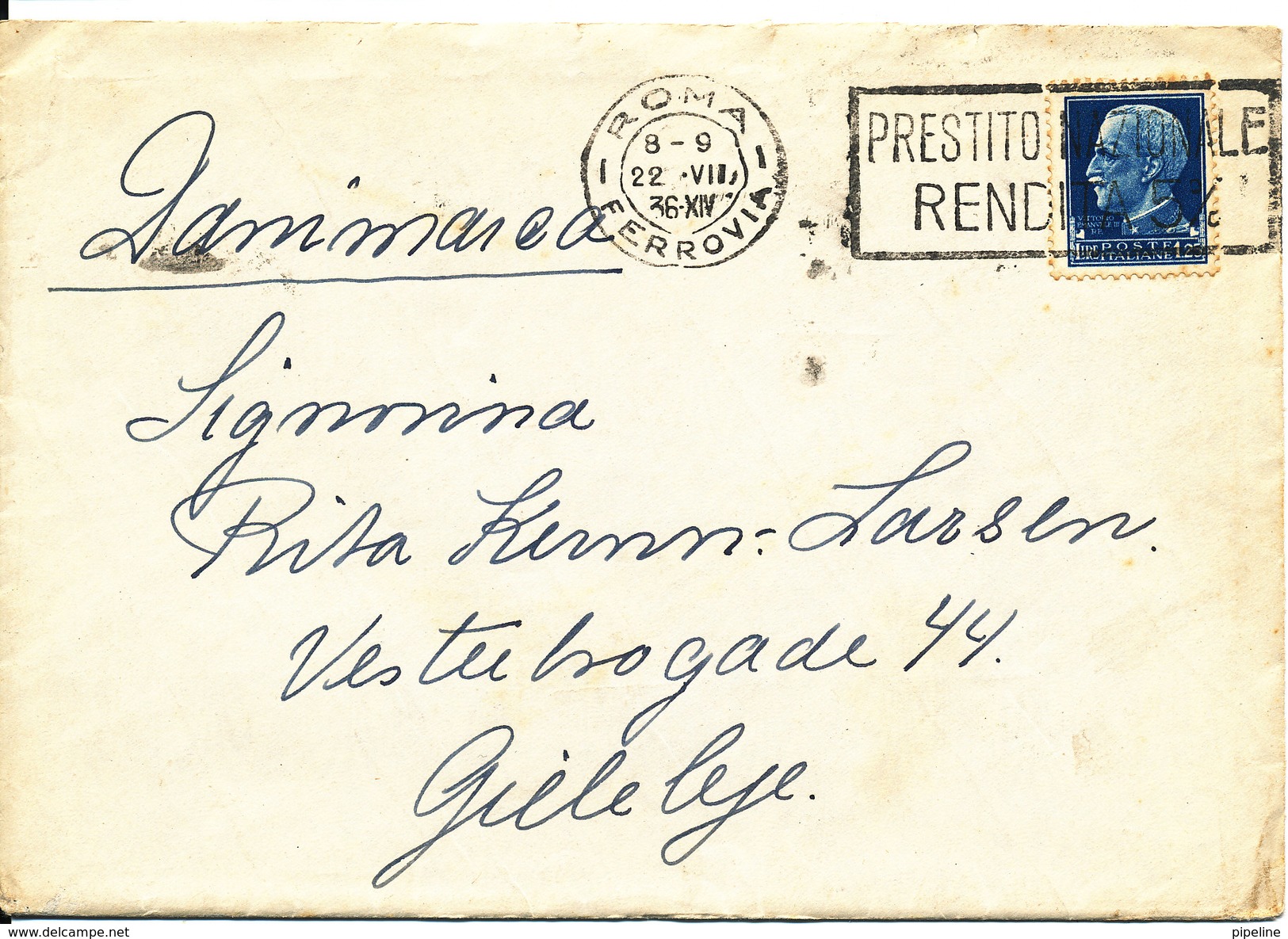 Italy Cover Sent To Denmark Roma Ferrovia 22-7-1936 - Marcophilia