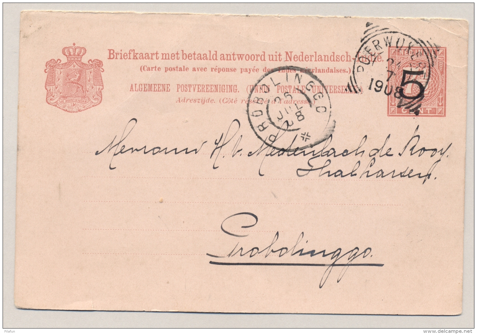 Nederlands Indië - 1908 - 5 Opdruk Op 7,5 Cent Cijfer Vraag Briefkaart G19aV Van VK POERWOKERTO Naar GR PROBOLINGGO - Netherlands Indies