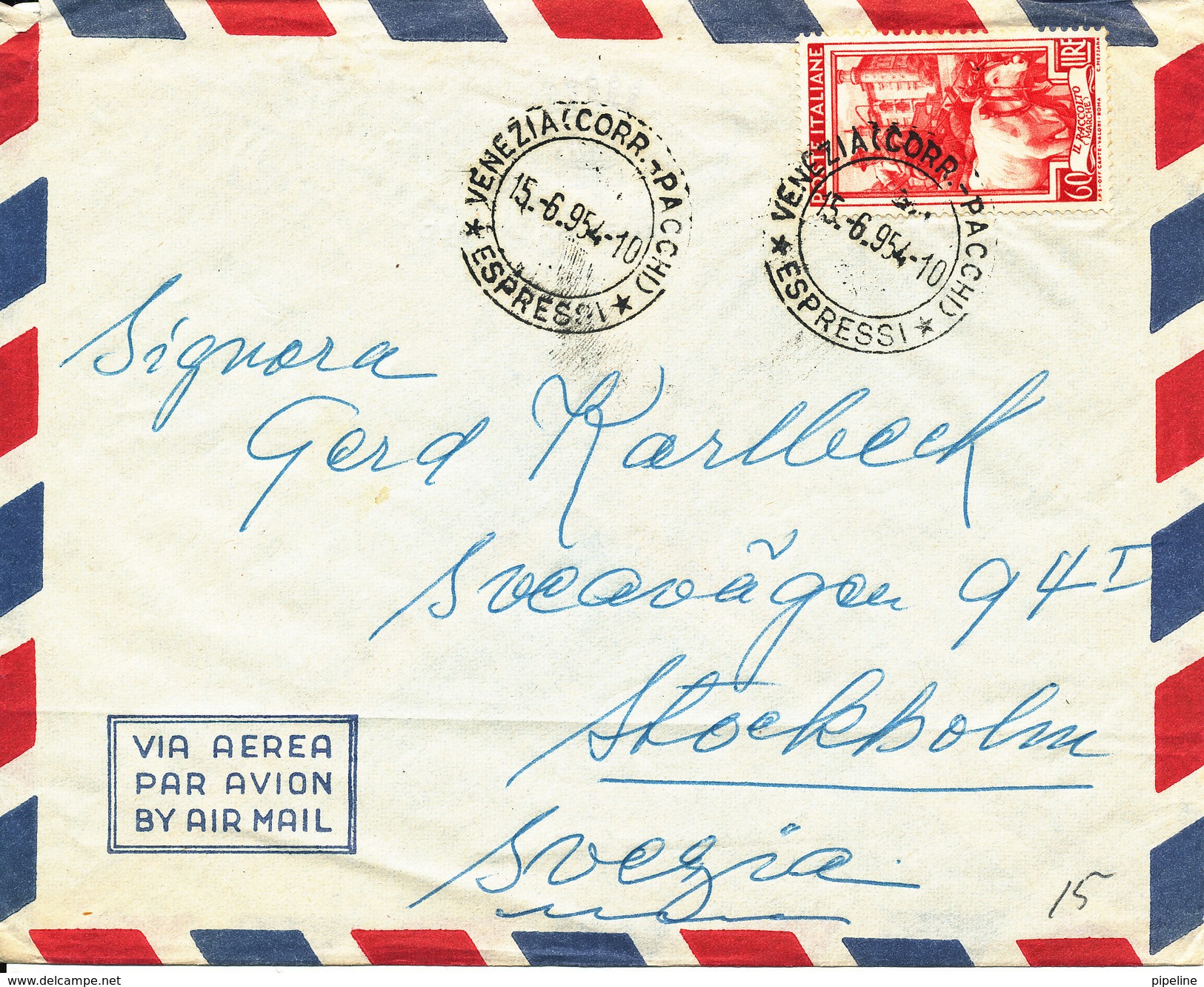 Italy Air Mail Cover Sent To Sweden Venezia 6-9-1954 Single Stamped (the Cover Is Light Bended) - Poste Aérienne