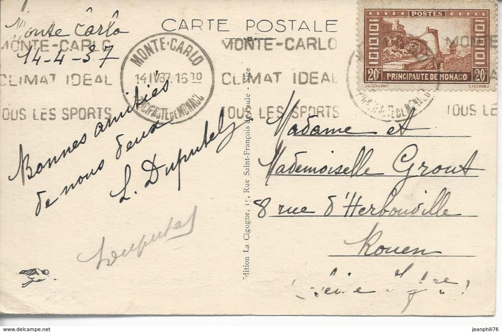 N°122 S.s/cp Oblit Monte Carlo 1937 Cpa Le Rocher - Lettres & Documents