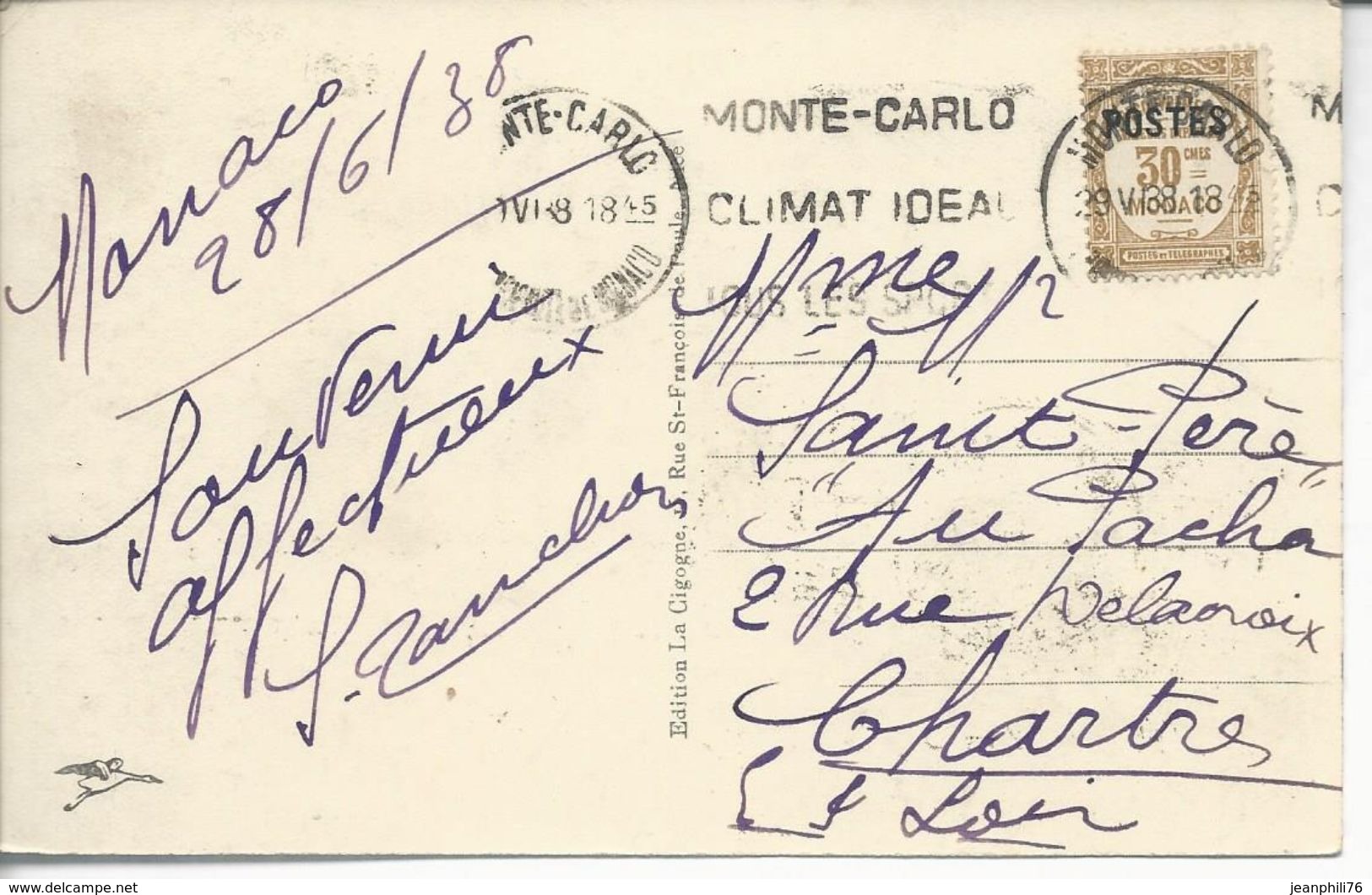 N° Ta 154 S.s/cp Oblit Monte Carlo 1938 Cpa Vue Générale - Cartas & Documentos