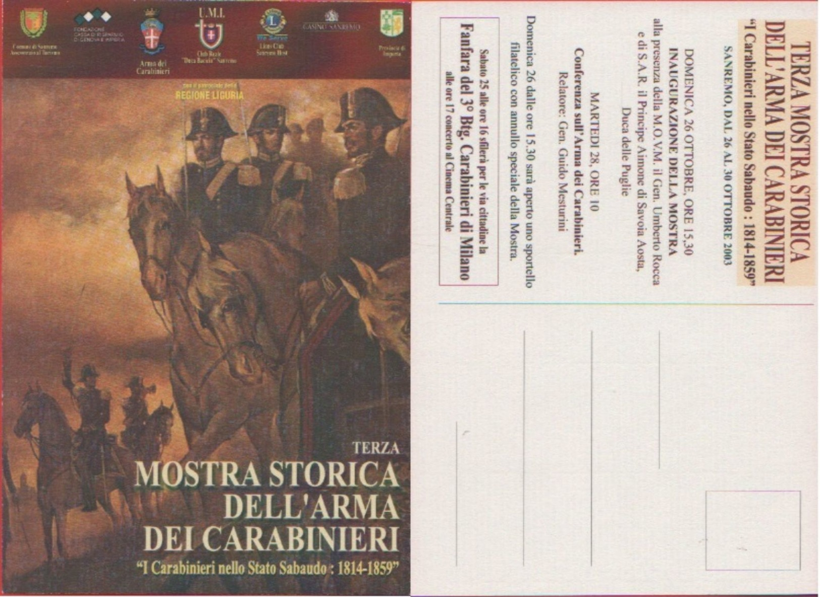 Cartolina - Mostra Storica Dell'arma Dei Carabinieri. Sanremo Ottobre 2003 - Altri & Non Classificati
