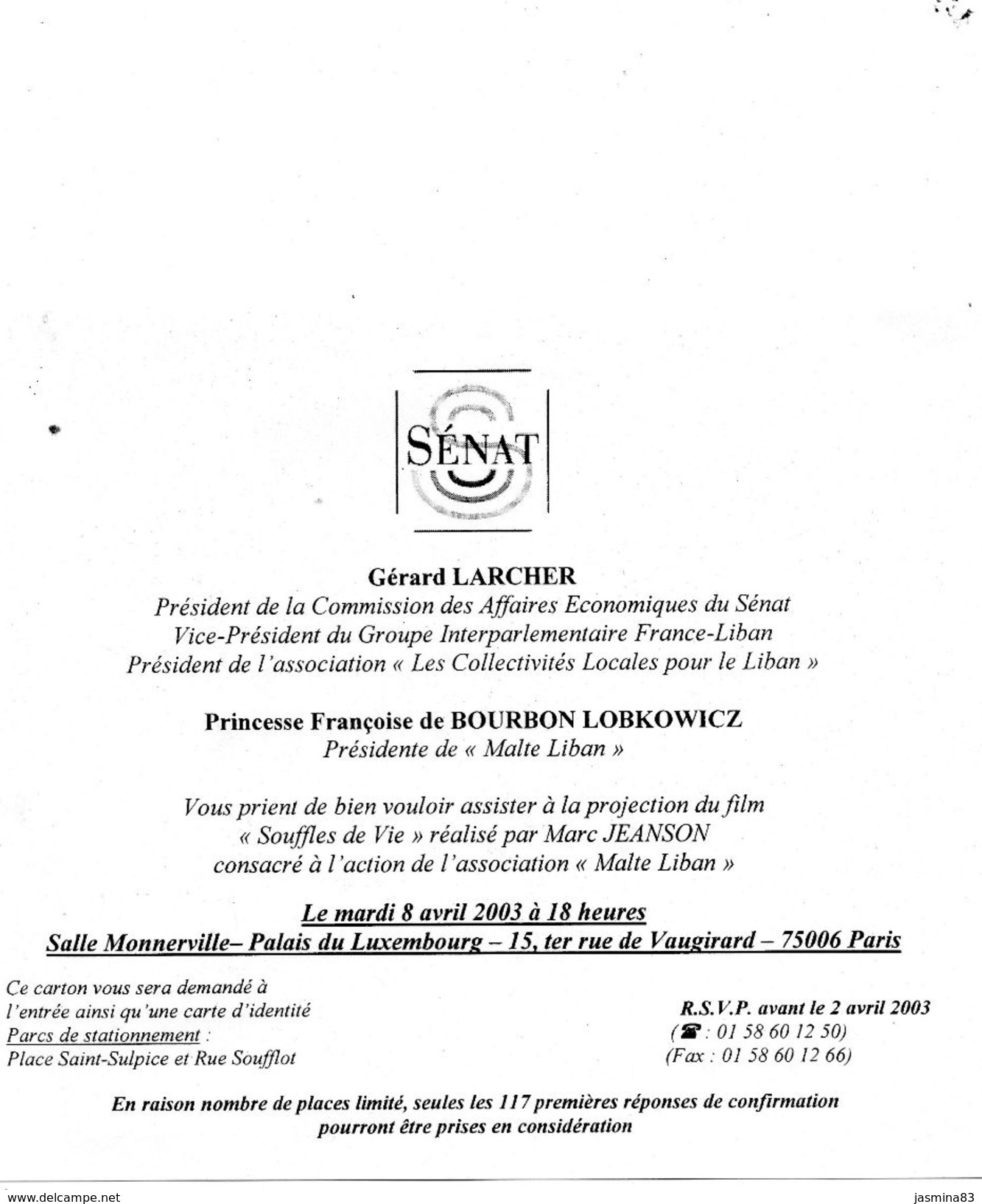 Invitation à La Présentation D'un Film Sur Le Liban Par La Princesse Françoise De Bourbon Lobkowicz - Autres & Non Classés