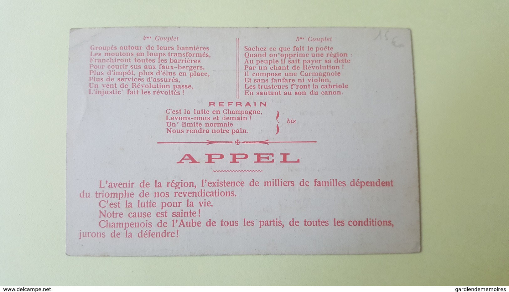 Hymne Des Vignerons Champenois De L'Aube - Révoltes - Cebois Imp. à Bar Sur Aube - Autres & Non Classés