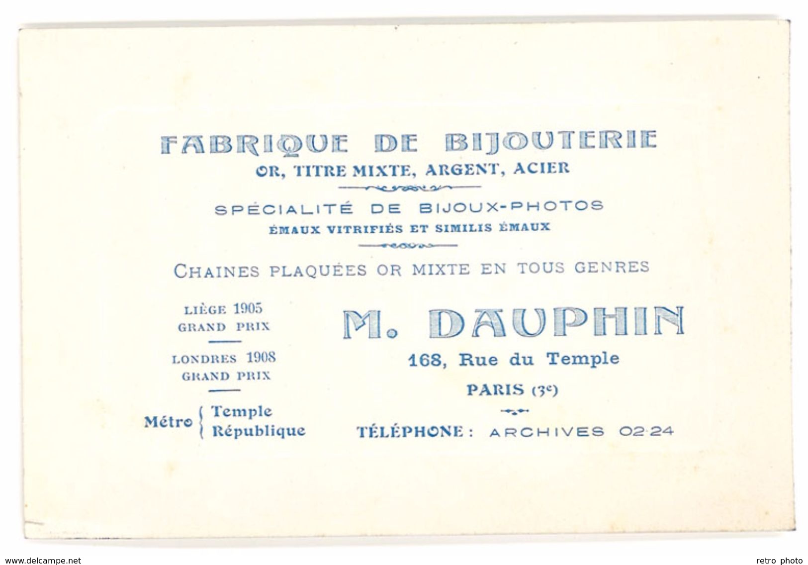 Carte Commerciale Fabrique De Bijouterie, M. Dauphin, Paris 3e, Rue Du Temple - Publicités