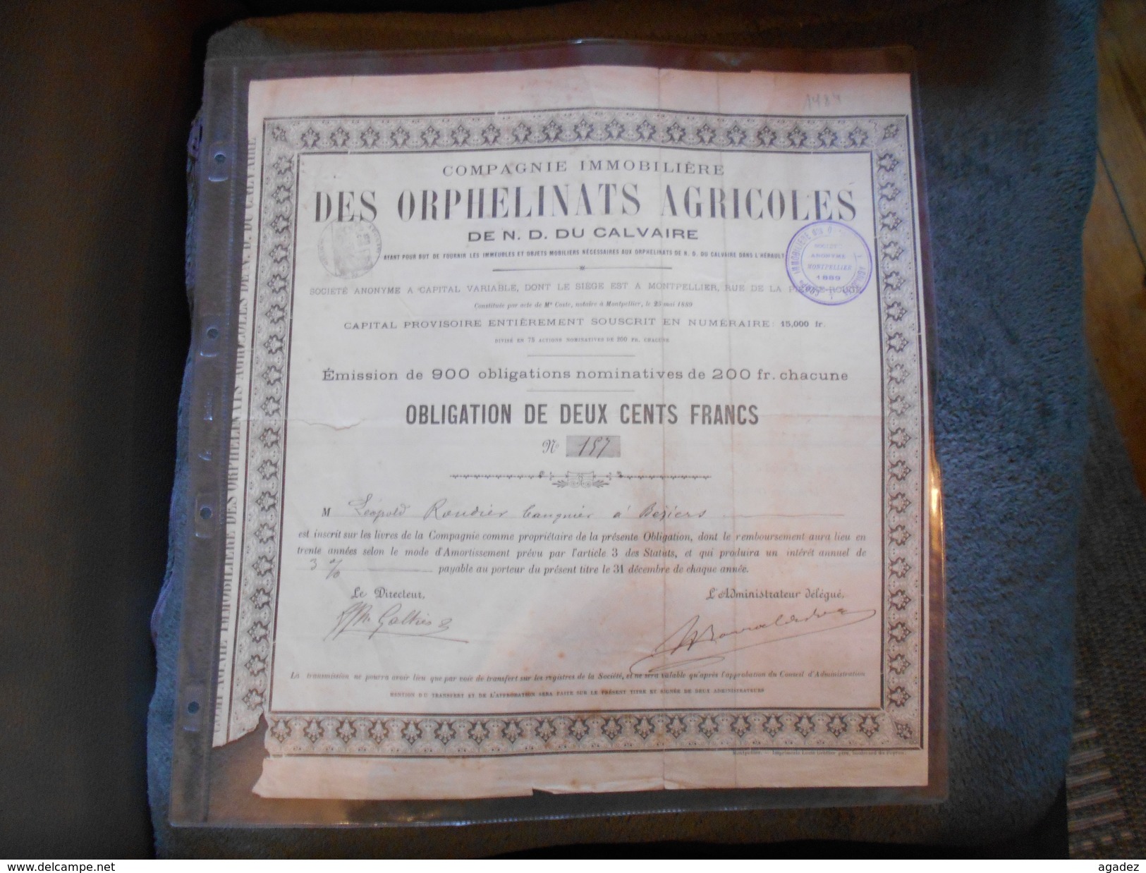 Obligation " Cie Immobilière Des Orphelinats Agricoles De N.D. Du Calvaire " Hérault 1889 Siege Montpellier - Banque & Assurance