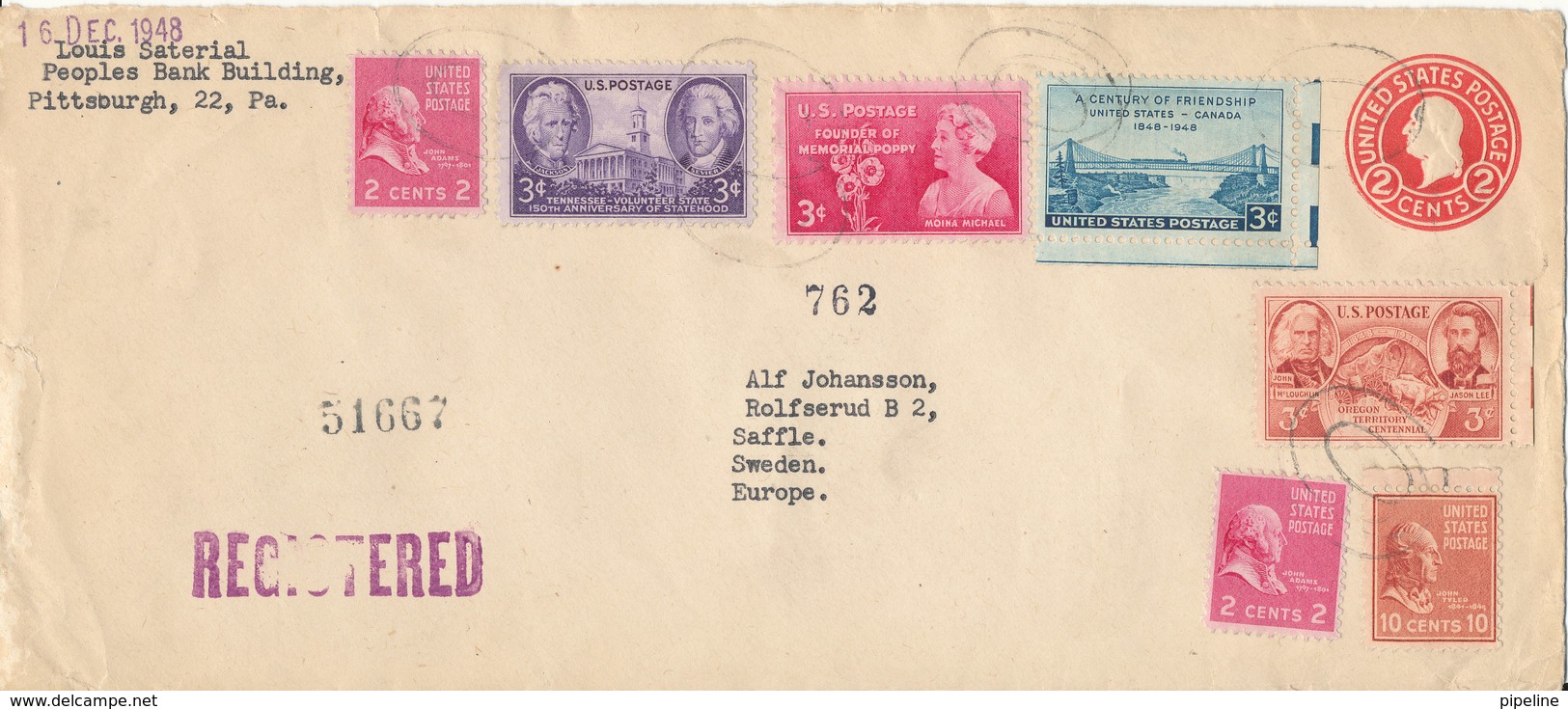 USA Registered Uprated Postal Stationery Cover Sent To Sweden New York 3-12-1948 With More Topic Stamps - 1941-60