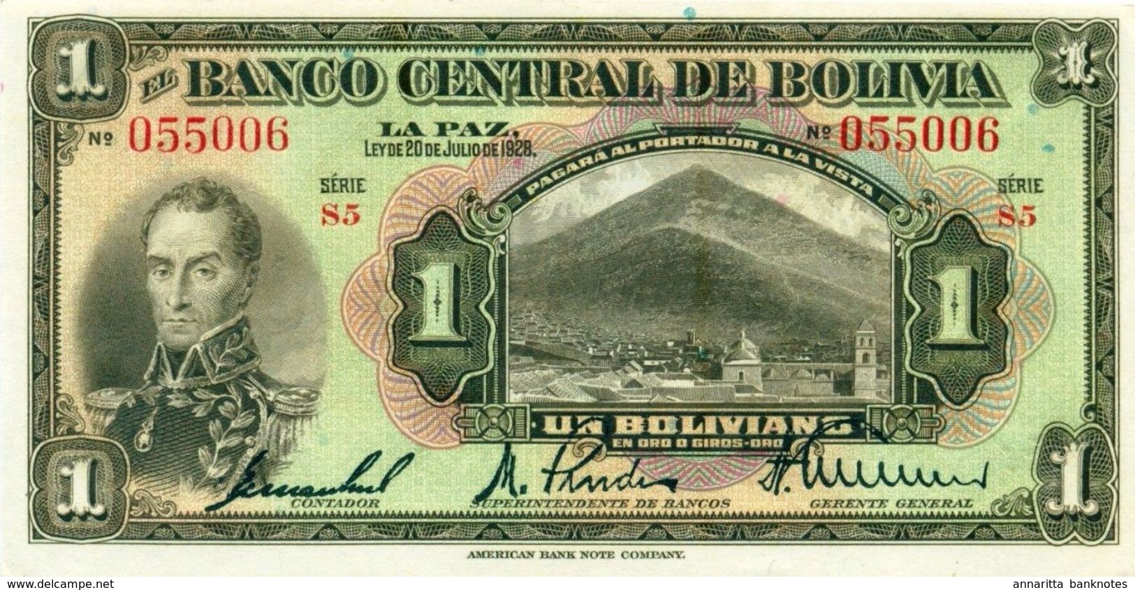 Bolivia (BCB) 1 Boliviano 1928 Series S5 UNC Cat No. P-118a / BO307a - Bolivia