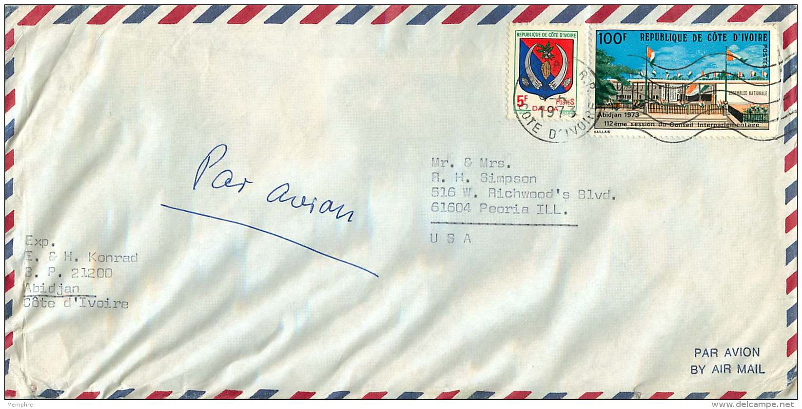 1973 Lettre Avion Pour Les USA    Assemblée Nationale 100 Fr - Côte D'Ivoire (1960-...)