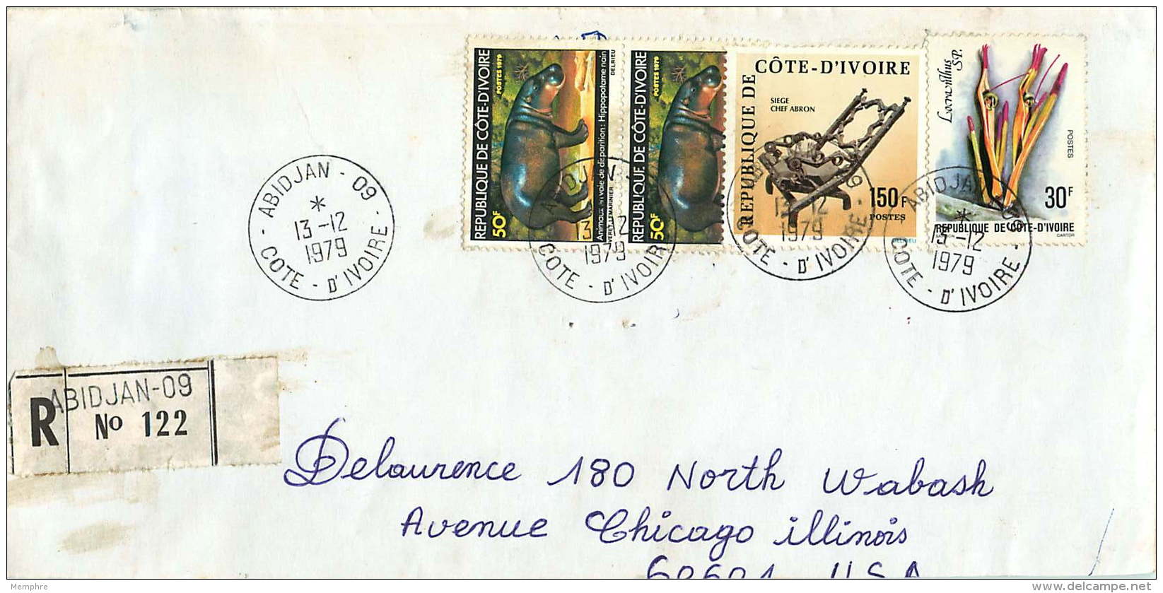 1979 Lettre Avion  Recommandée Pour Les USA    Hippopotame Nain X2, Siège De Chef 150fr, Fl;eurs 30 Fr - Côte D'Ivoire (1960-...)