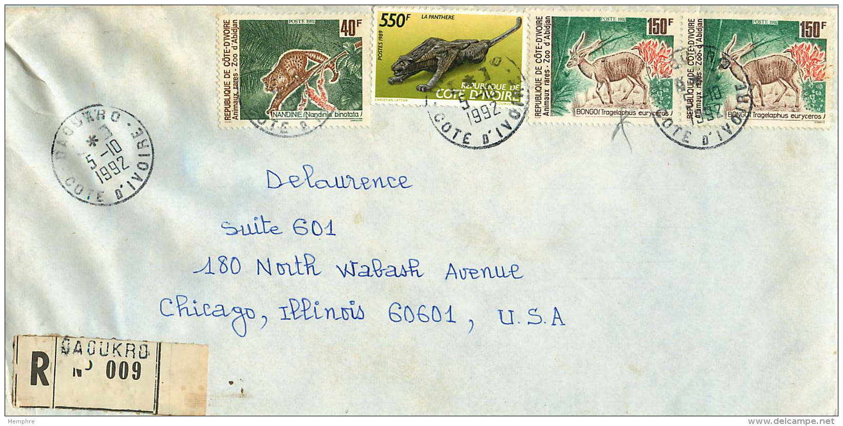 1992 Lettre Avion Recommandée  Pour Les USA  Sculpture 550fr, Animaux Du Zoo: Nandine 40fr, Bongo 150fr X2 - Côte D'Ivoire (1960-...)