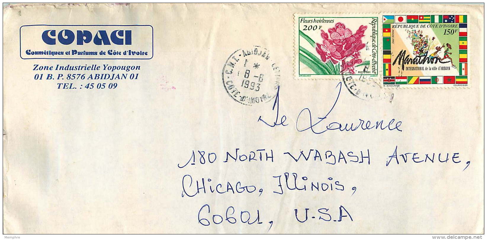 1993  Lettre Pour Les USA  Fleurs 200fr, Marathon 150fr - Côte D'Ivoire (1960-...)