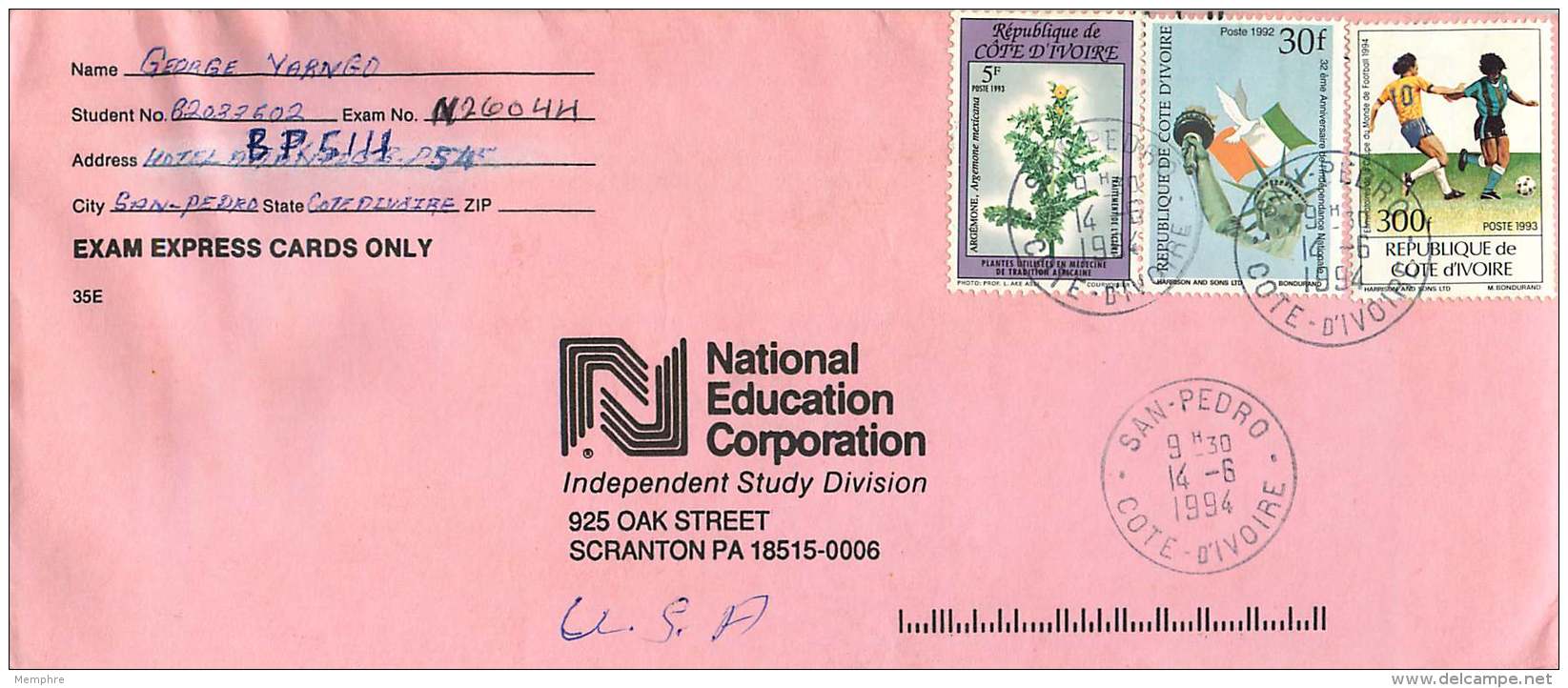 1994  Lettre Pour Les USA  Foot 300fr, Drapeau 30fr, Plante Médicinale 5 Fr - Côte D'Ivoire (1960-...)