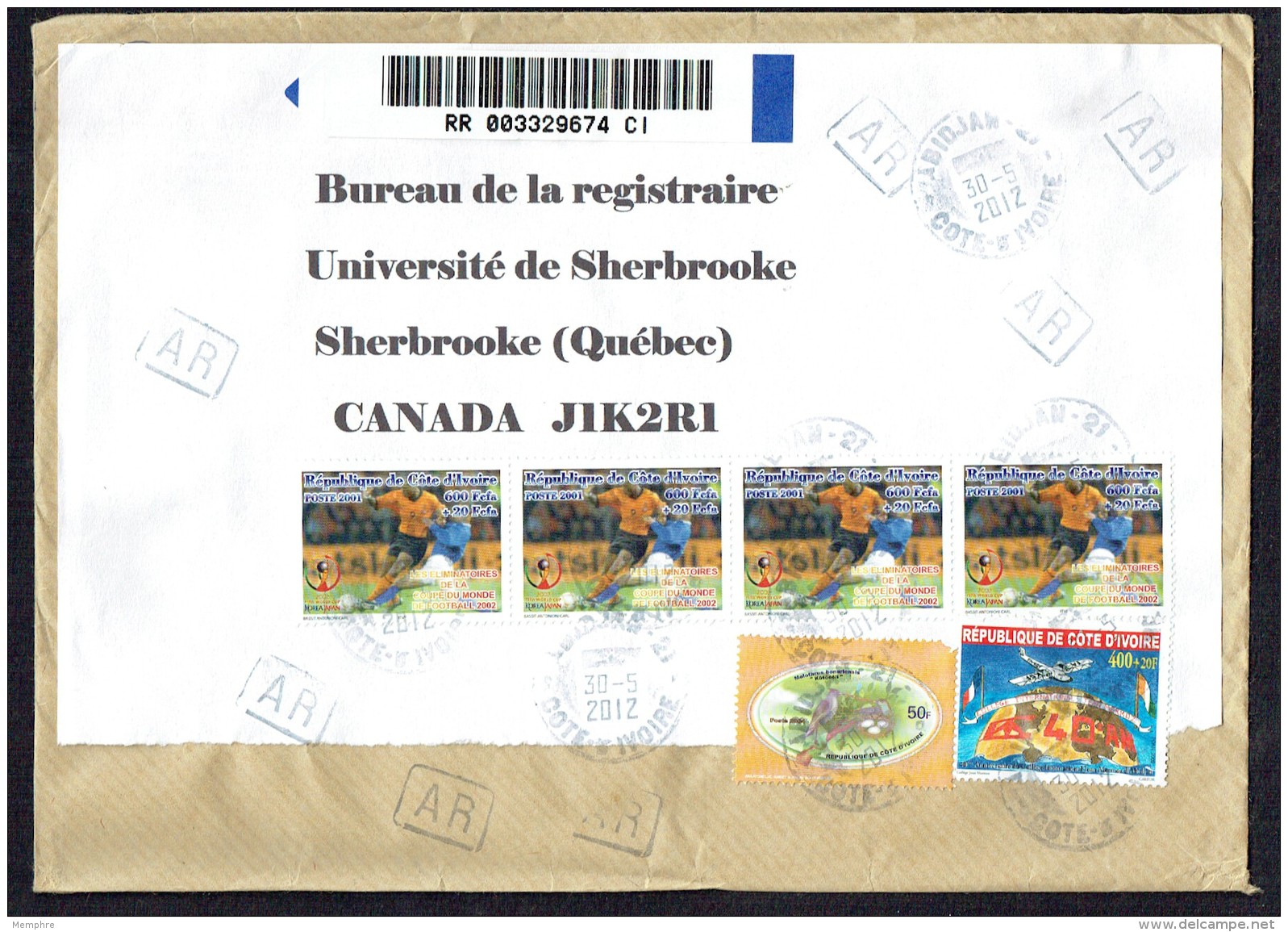 2012  Lettre Recommandée AR Pour Le Canada  Foot éliminatoires 600 Fr + 20 Fr X4, Collège Mermoz 400 Fr + 20 Fr, Oiseau - Côte D'Ivoire (1960-...)