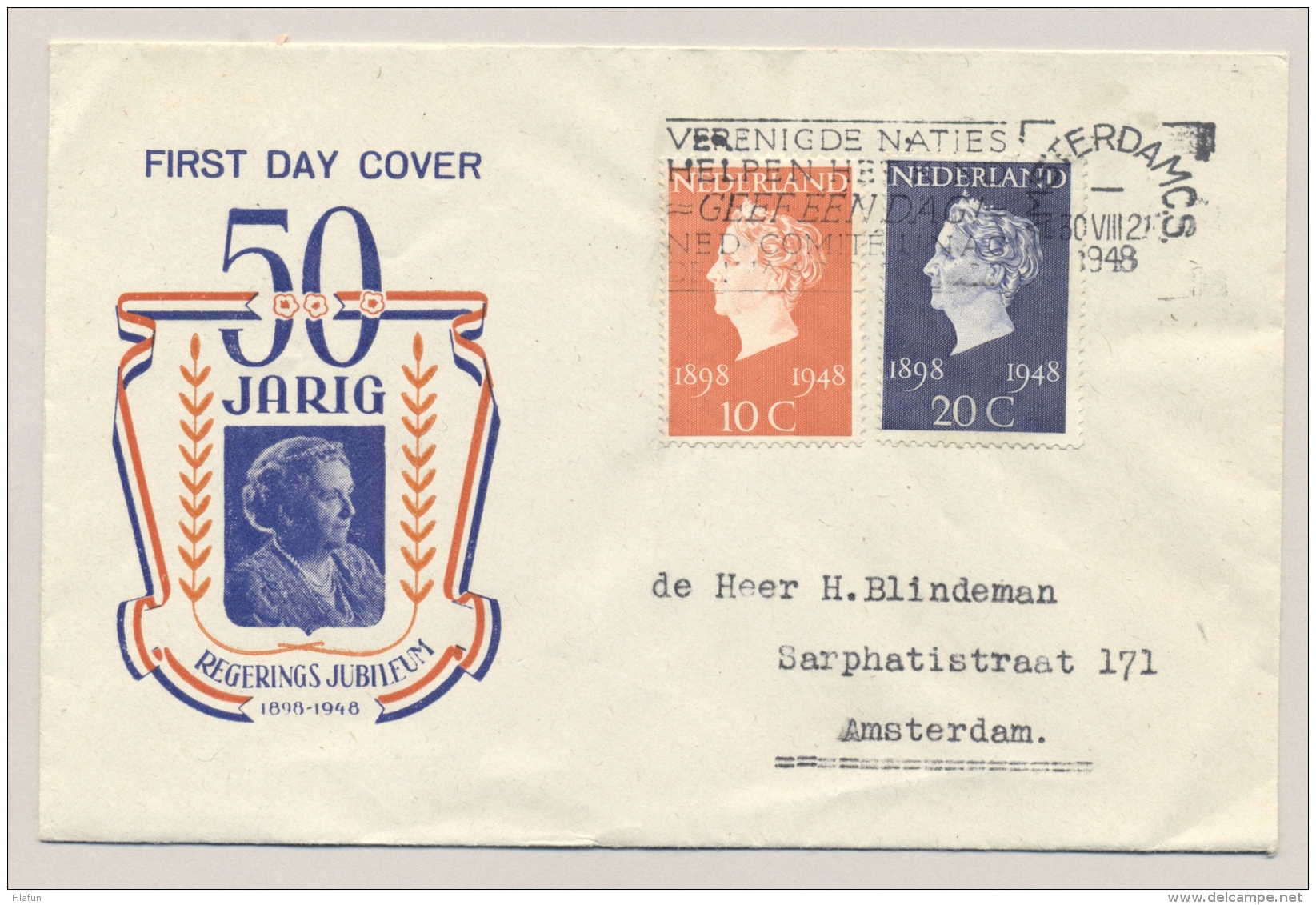 Nederland - 1948 - Serie Jubileum Wilhelmina 1e Dag Op Envelop Met Mooi Sluitzegel - Brieven En Documenten
