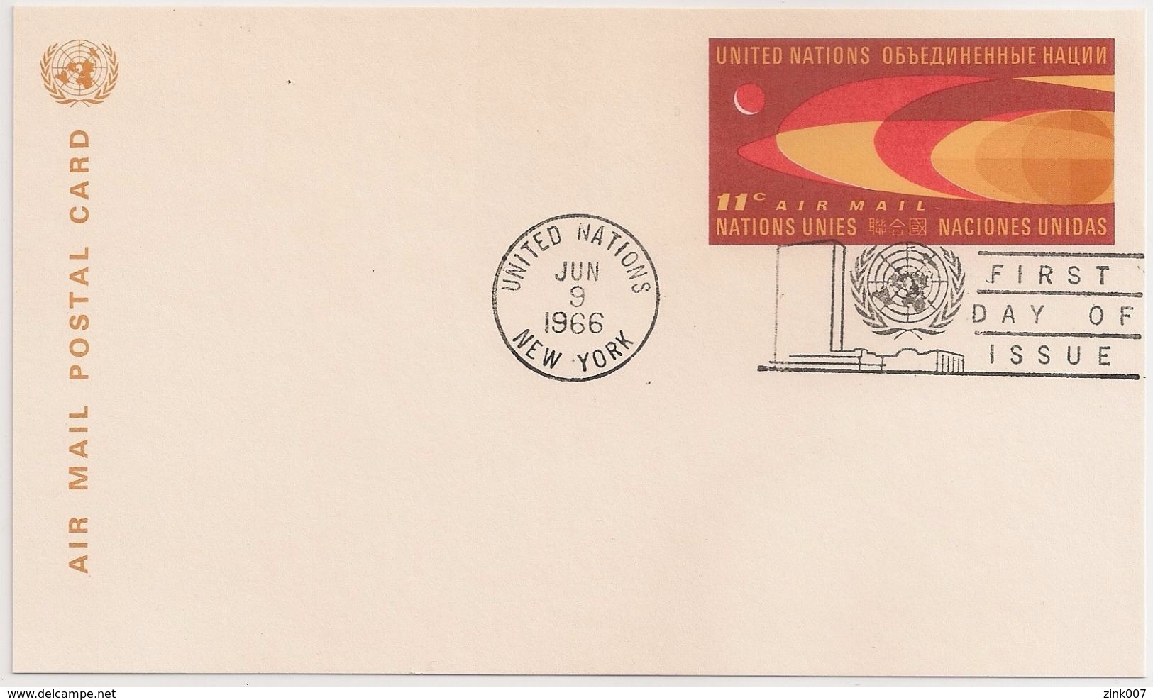 UNITED NATIONS - Air Mail Postal Card - Cancel New York 1966 - First Day Of Issue - Nations Unies - Nações Unidas - Autres & Non Classés