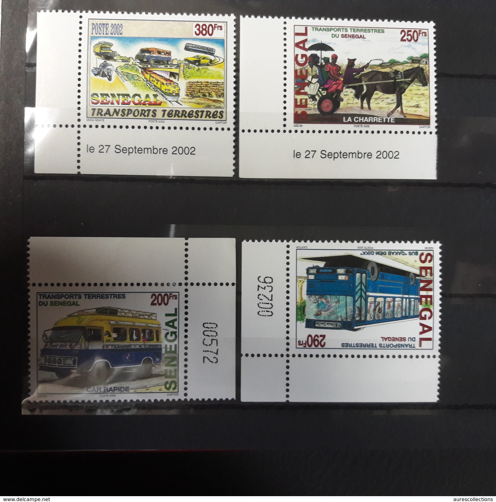 SENEGAL TRANSPORT TERRESTRE BUS CAR AUTOCAR ANE ANIMAL DILIGENCE CORNER NUMBERED / DATED  2002 RARE MNH ** - Diligences