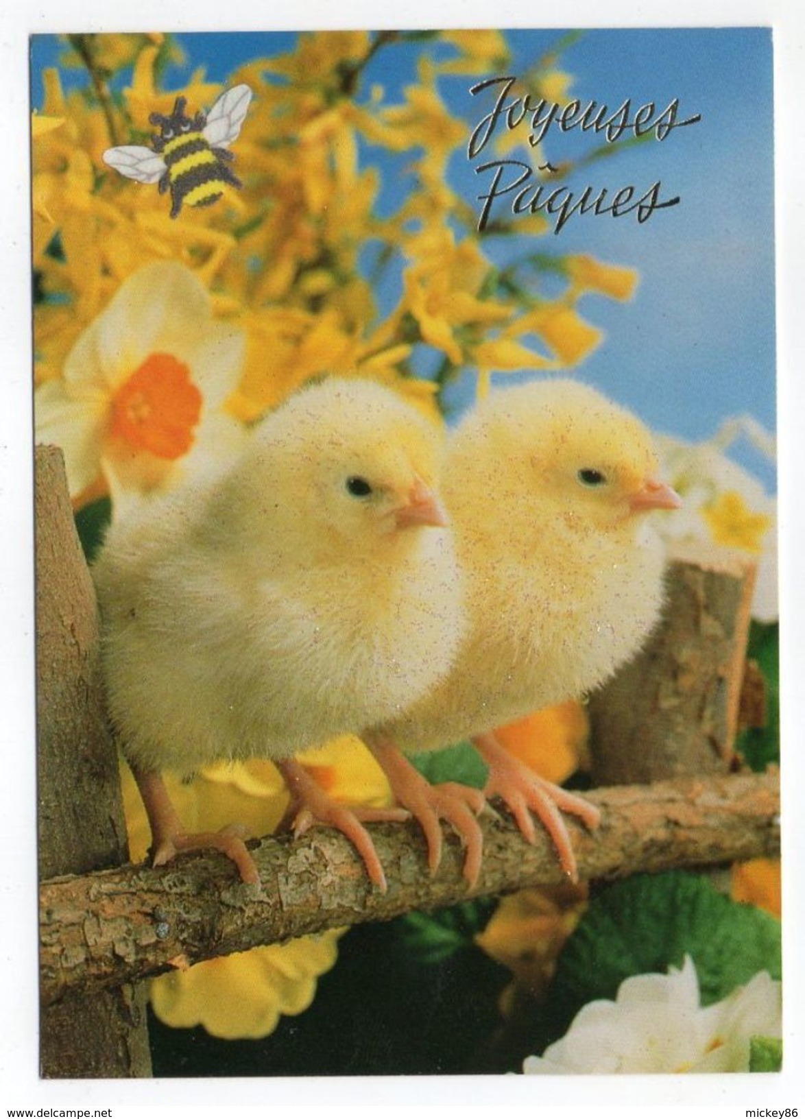 PAQUES-- Poussins , Fleurs   ,  Abeille - Easter