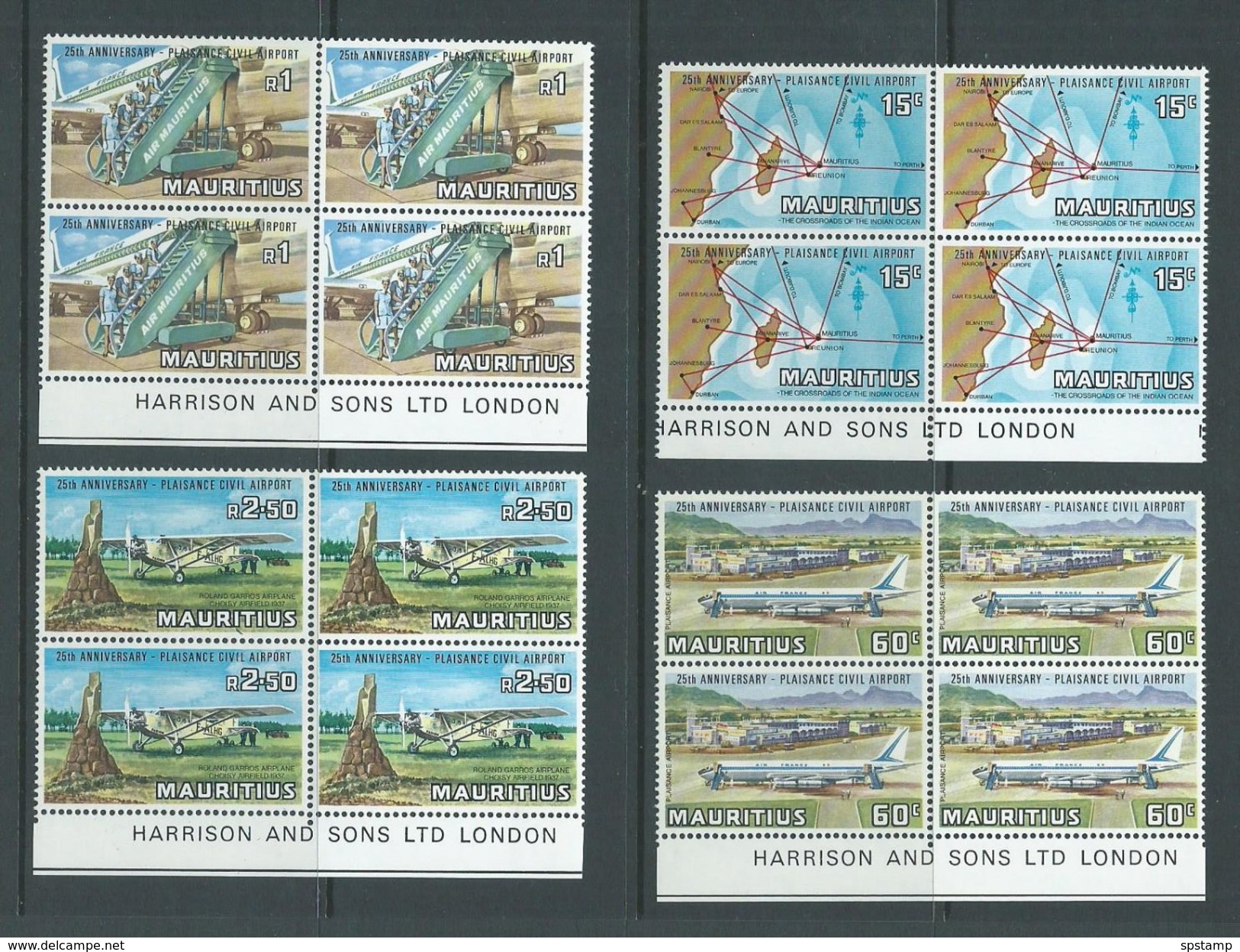 Mauritius 1971 Plaisance Airport & Plane Set Of 4 Harrison Imprint Blocks Of 4 MNH - Mauritius (1968-...)