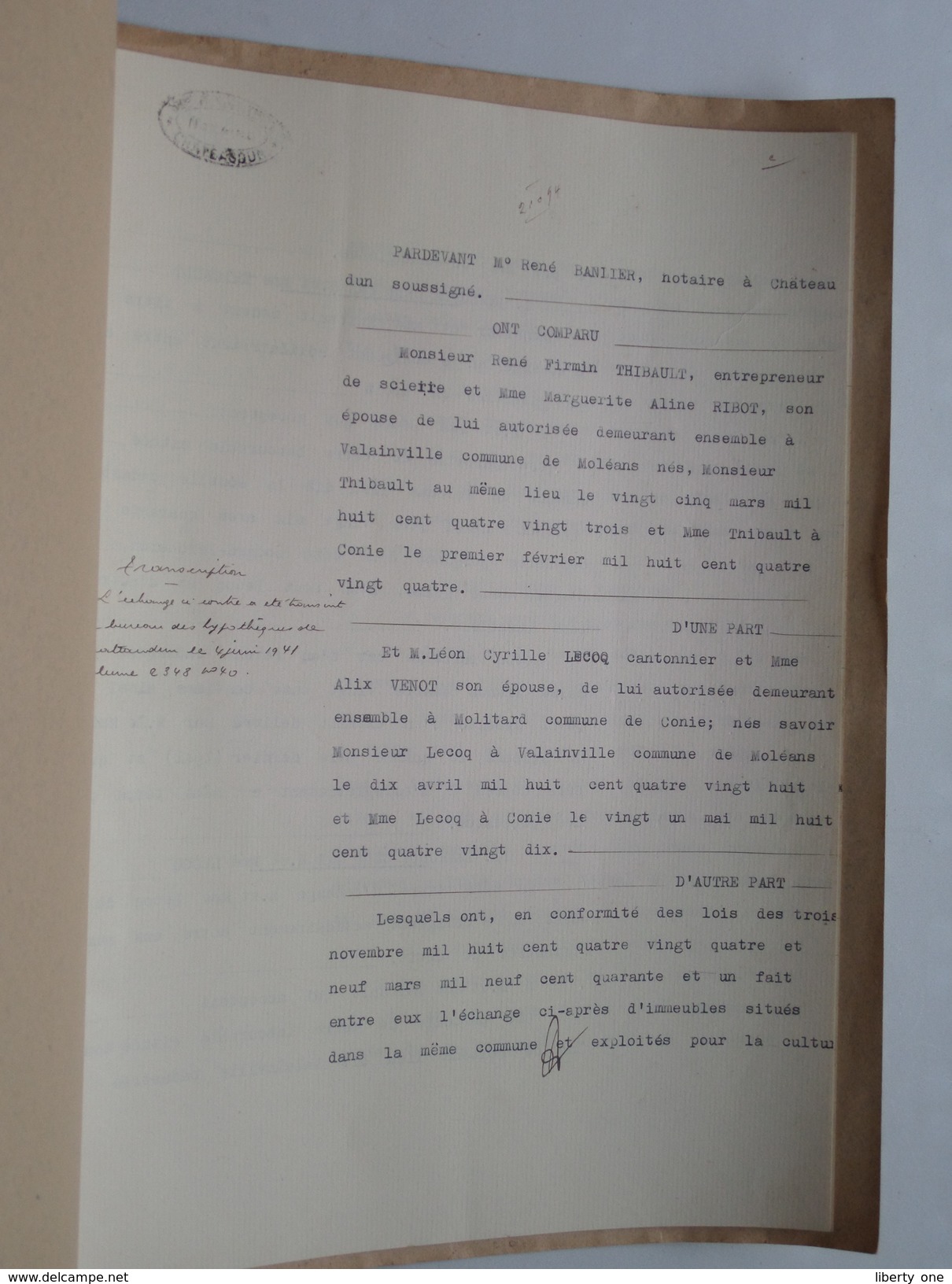 ( étude ) De NOTAIRE Me BANLIER à CHATEAUDUN Anno 1941 / ECHANGE ( Voir Photo Pour Détail ) ! - Non Classés