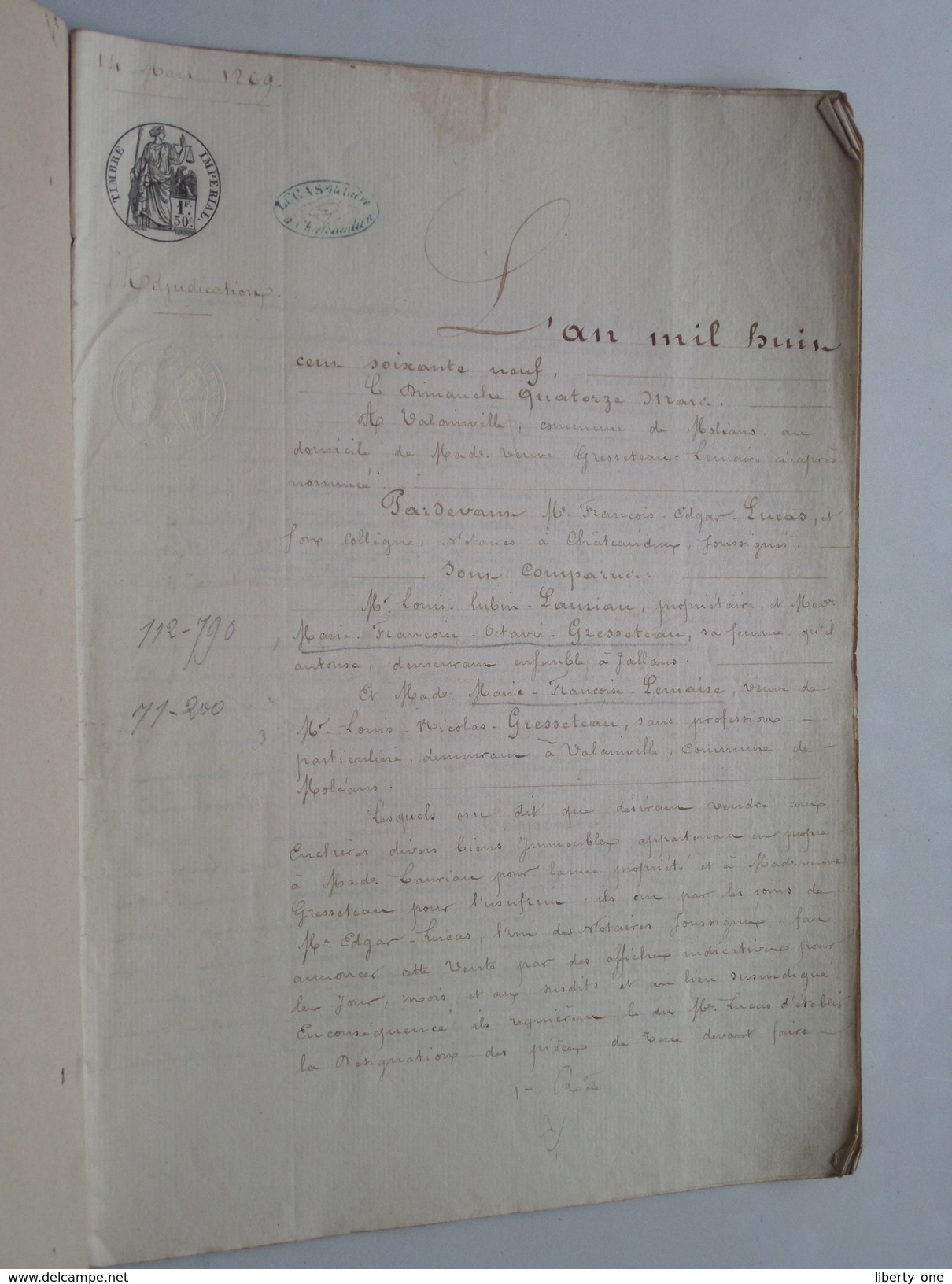 ( étude ) De NOTAIRE Me LUCAS à CHATEAUDUN Anno 1869 / ADJUDICATION ( Voir Photo Pour Détail ) ! - Non Classés