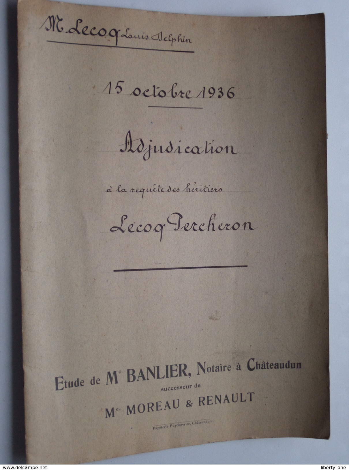 ( étude ) De NOTAIRE Me BANLIER à CHATEAUDUN Anno 1936 / ADJUDICATION ( Voir Photo Pour Détail ) ! - Non Classés