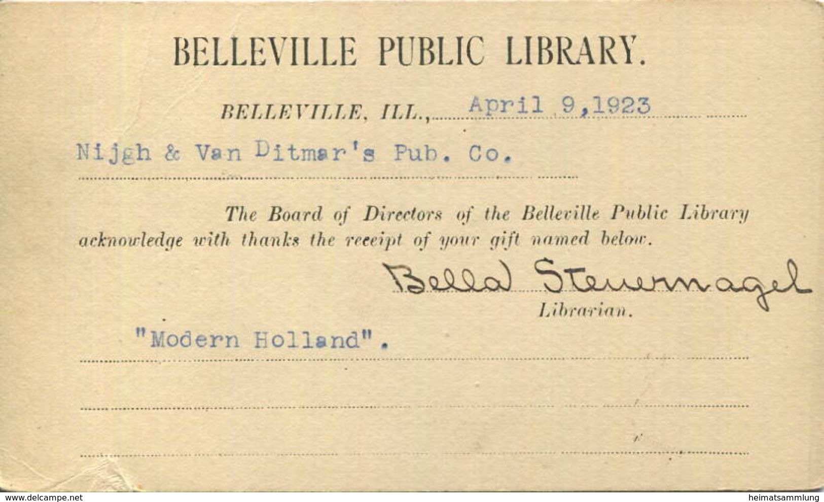 USA - Postkarte Mit Zudruck 1923 - Belleville Public Library - Unterschrift Bella Steuernagel - Ganzsache - 1921-40