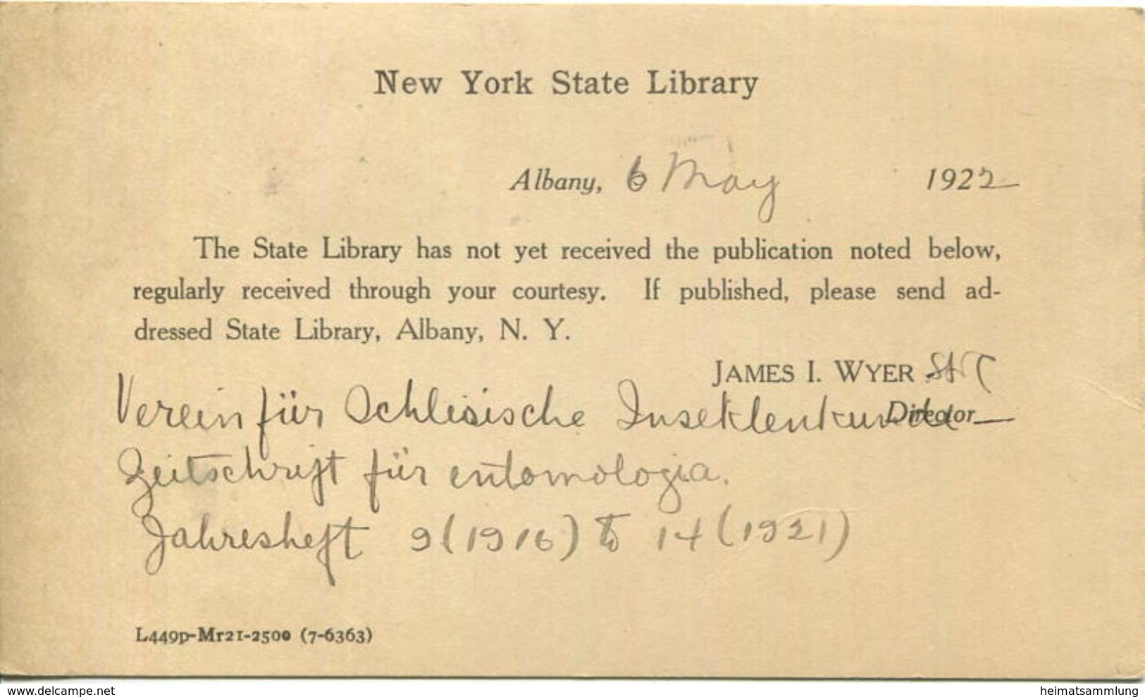 USA - Postkarte Mit Zudruck 1922 - New York State Library - Ganzsache Gel. 1922 - 1921-40