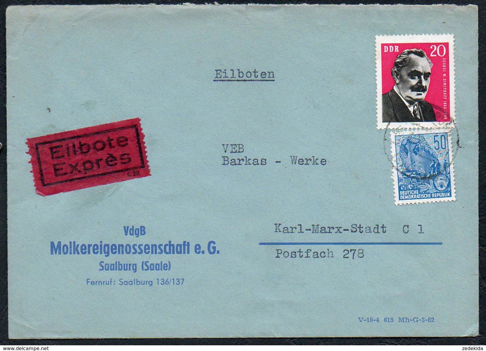 3003 - Alter Beleg - Bedarfspost - Saalburg - Molkereigenossenschaft - Eilbote Express - Gel 1962 - Covers & Documents