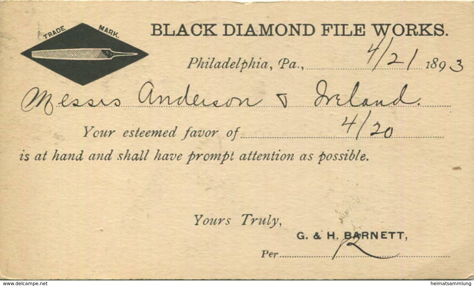 USA - Postkarte Mit Zudruck - Black Diamond File Works - Ganzsache Gel. 1893 - ...-1900